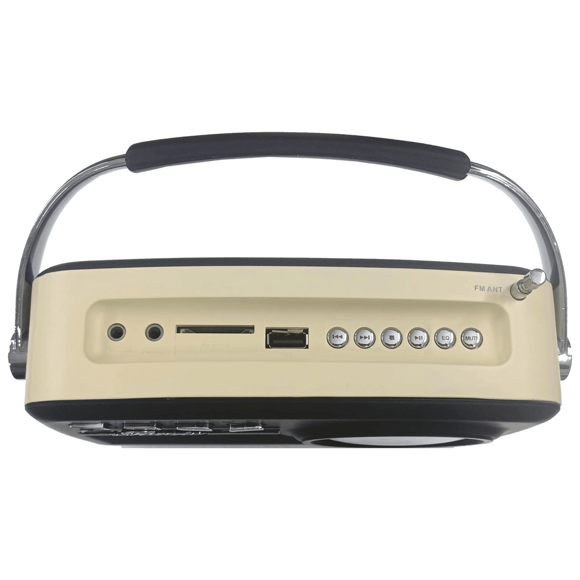 Cream and black retro Bluetooth speaker with rechargeable battery, USB port, and FM antenna. Doba brand.