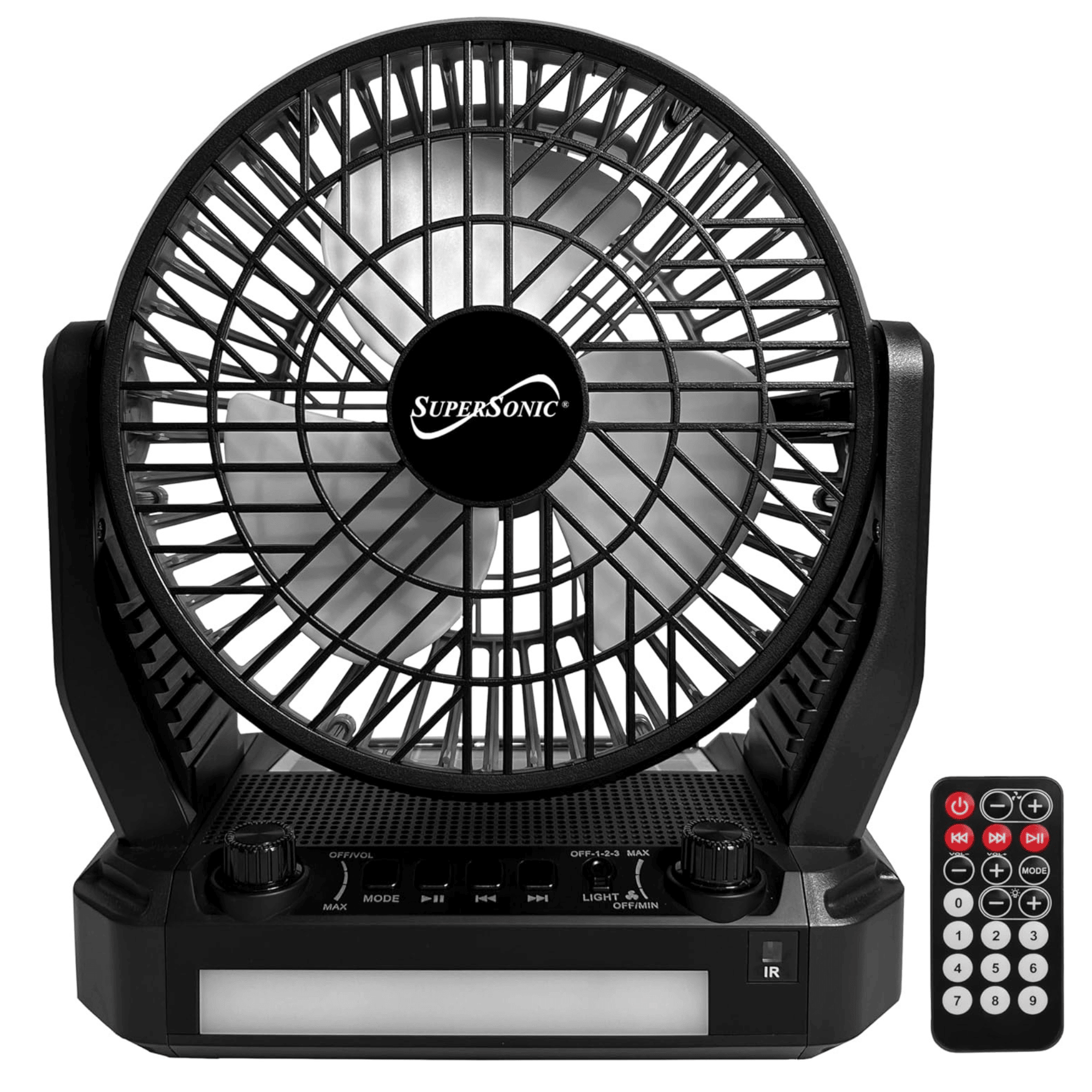 Black Supersonic solar-powered Bluetooth speaker with FM radio, LED flashlight, and fan, includes remote control.