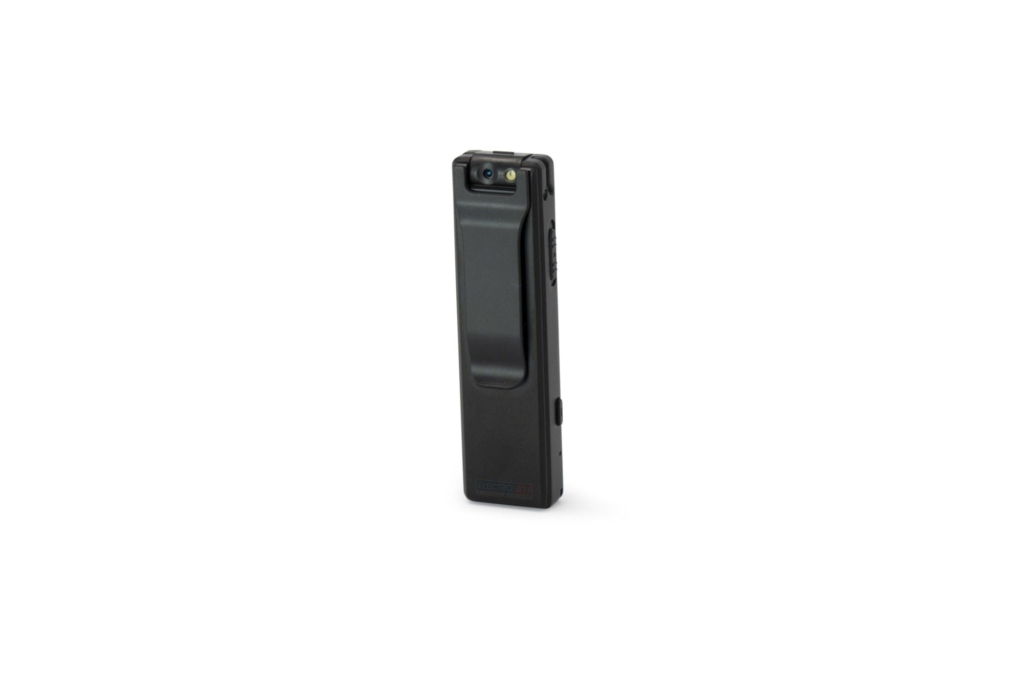 ElectroFlip Mini Body Camera in black, steel construction, featuring a date time stamp and compact design.
