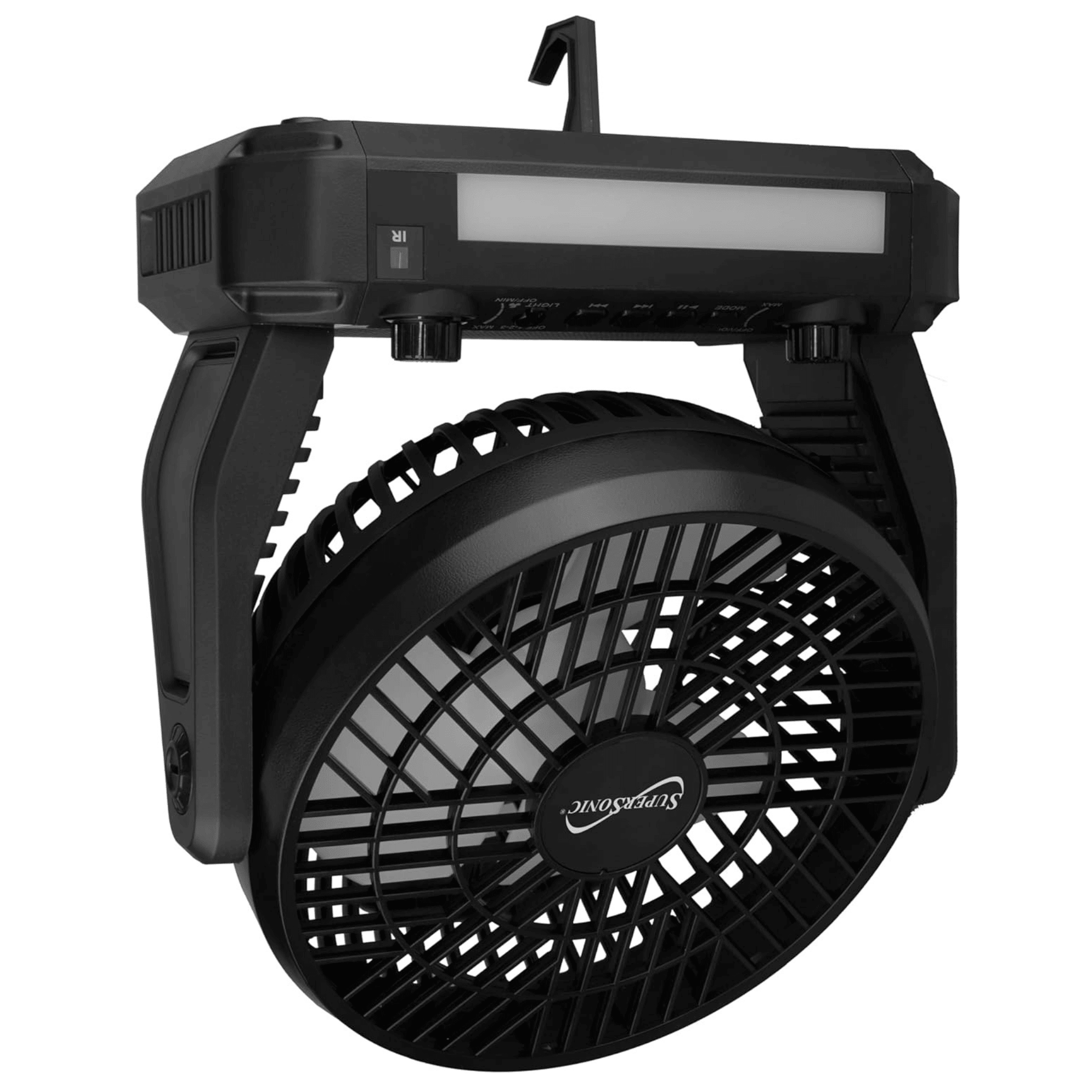 Black solar-powered Bluetooth speaker with FM radio, LED flashlight, and built-in fan from Doba.