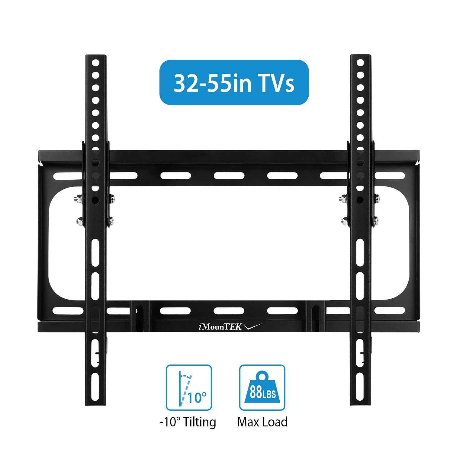 Heavy duty black steel TV wall mount bracket, tilts 10 degrees, supports 32-55 inch TVs, VESA 400x400, 88lb capacity.