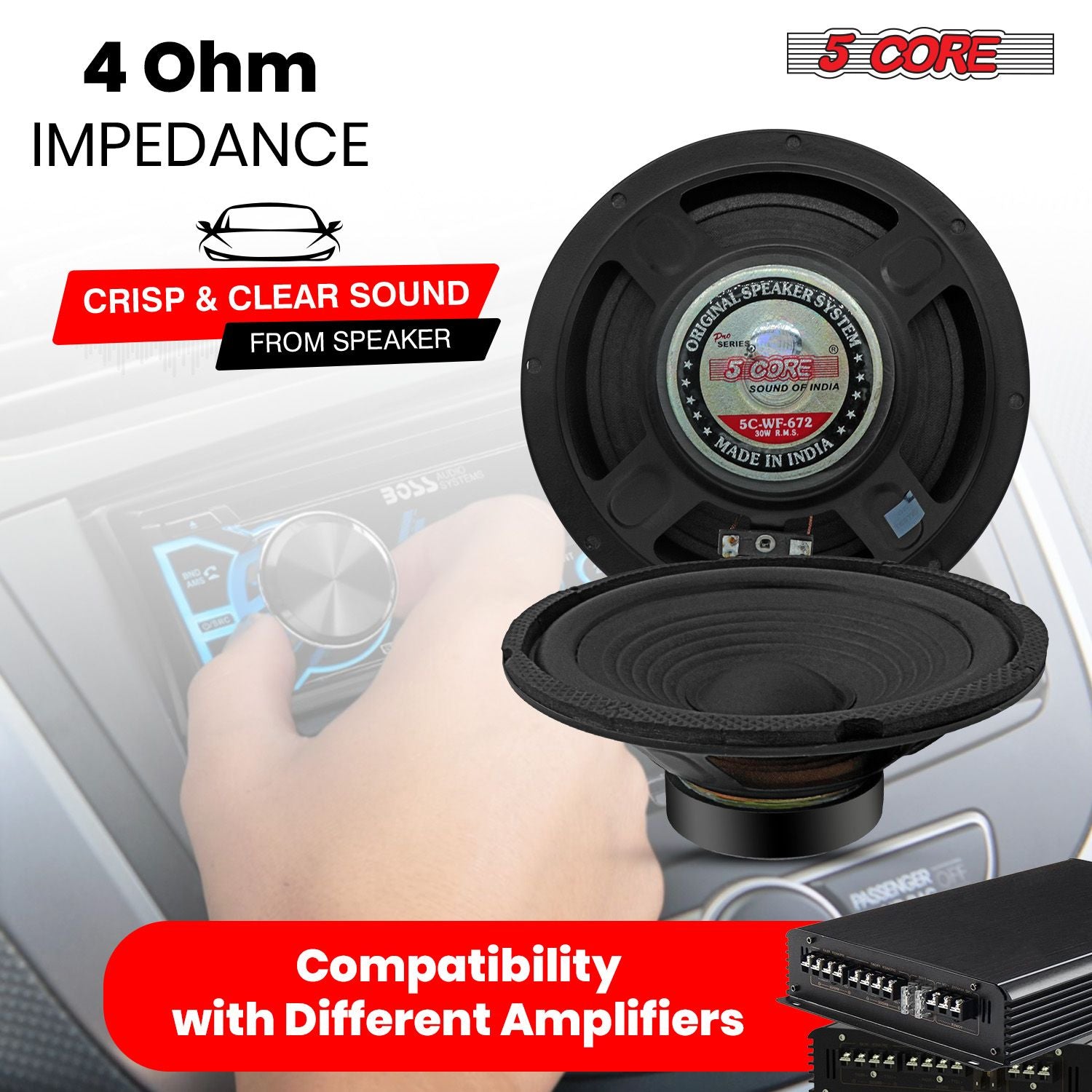 5 CORE 6 Inch Subwoofer Speaker Pair 4 OHM 300W Peak Replacement Car Audio Sub Woofer - WF 672 2 PCS