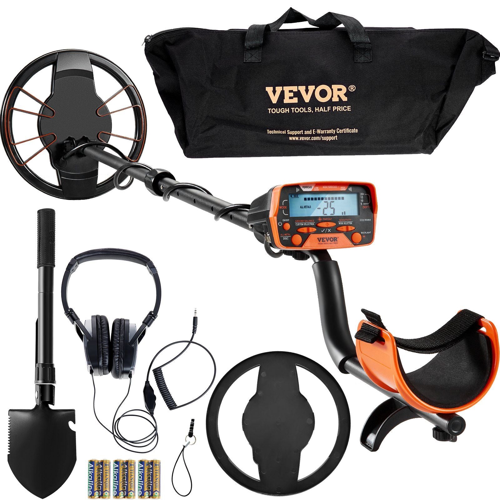 VEVOR metal detector with 10" waterproof coil, LCD display, adjustable aluminum stem, and accessories for adults and kids.