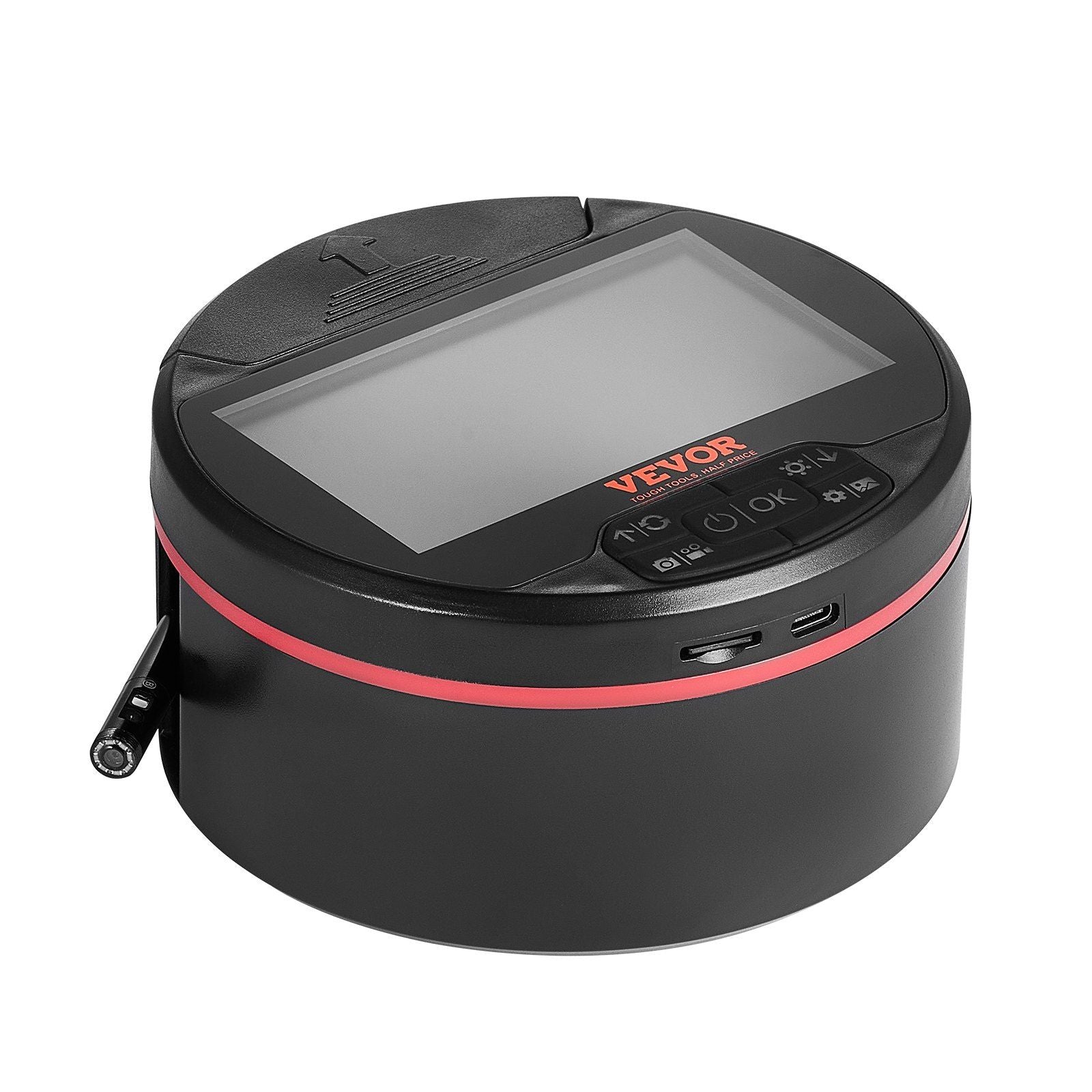 VEVOR borescope endoscope camera with a 4.3" IPS screen and triple lens, featuring 8 + 2 LED lights, black body.
