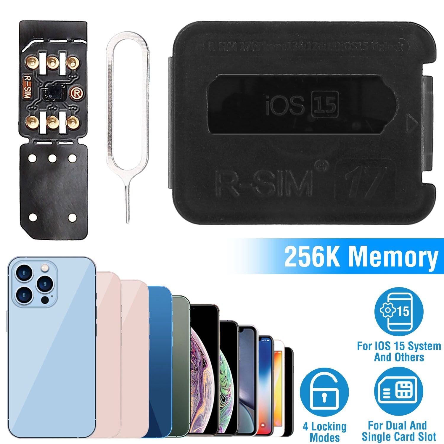 Black R-SIM17 Nano Unlock Card for iPhone 13/12/11/X, compatible with iOS 15, features 256K memory chip and dual card slot.
