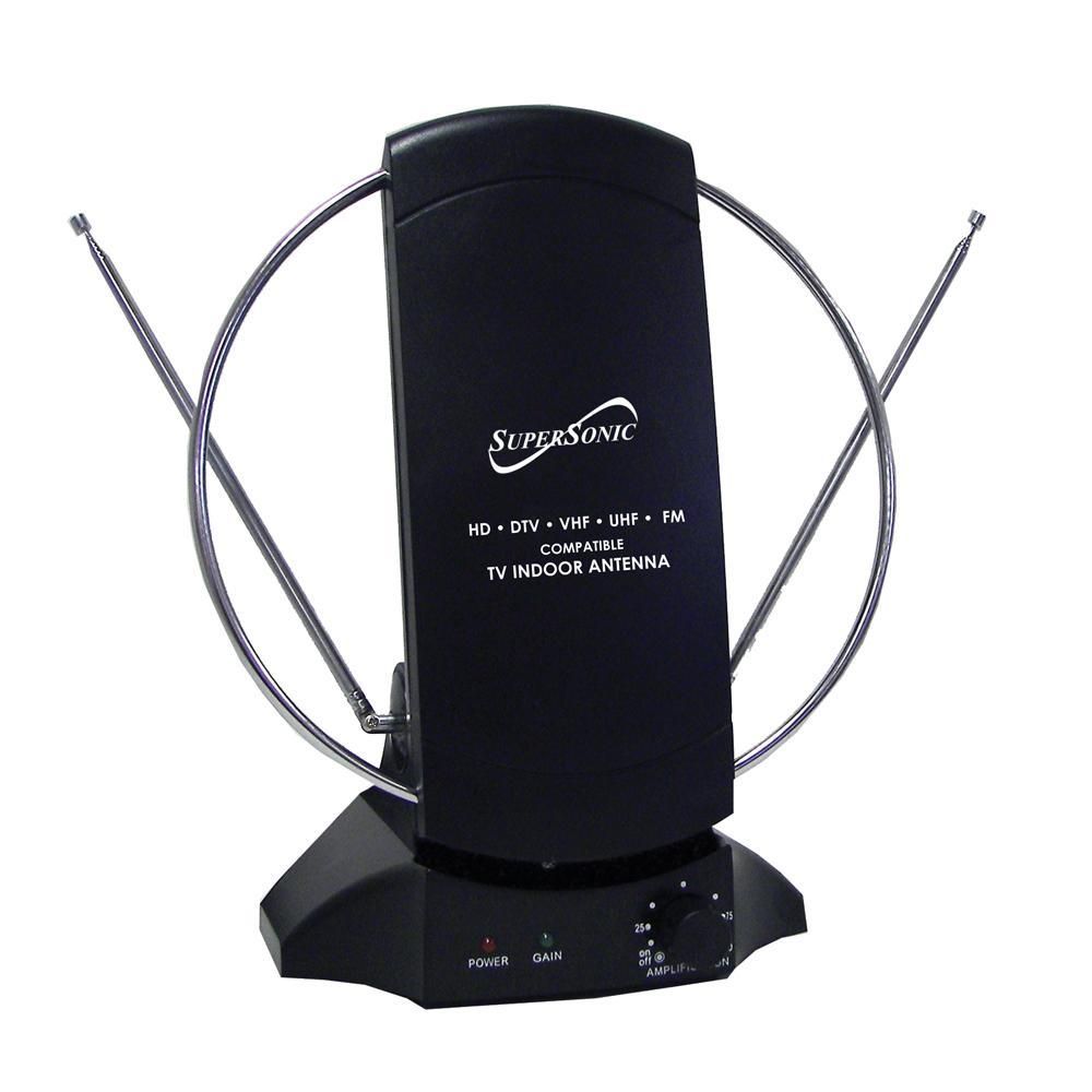 Black amplified indoor TV antenna with 40-mile range and adjustable gain control, by Supersonic.