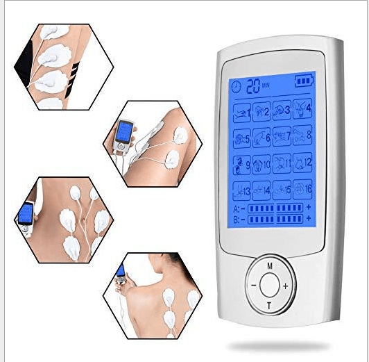 Portable Doba TENS Unit muscle stimulator with LCD display and 16 modes for pain relief in travel case.