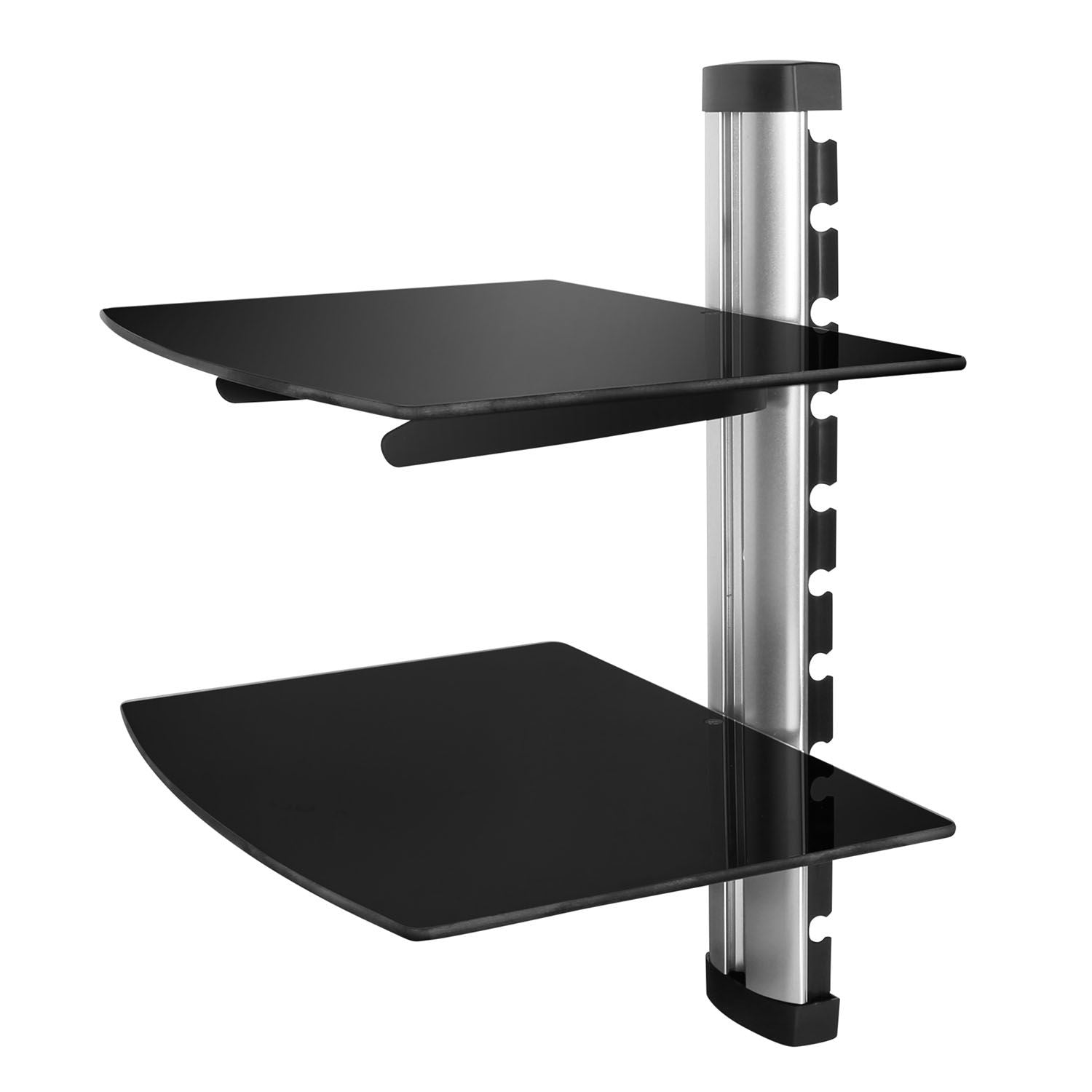 2-tier tempered glass wall mount shelf in silver for DVD and cable box storage, featuring adjustable height.