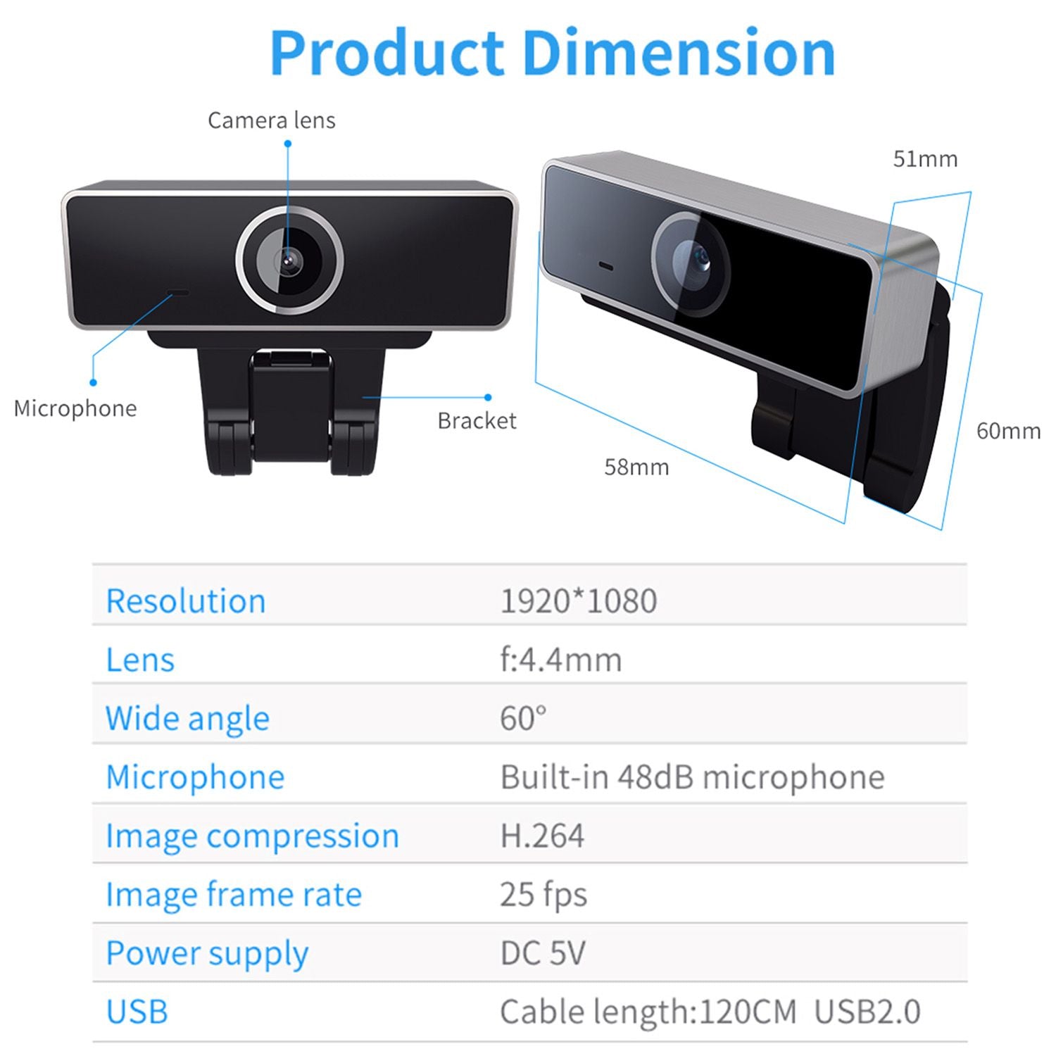1080P HD black USB webcam with auto focus, built-in microphone, and 60° wide angle for streaming and gaming.