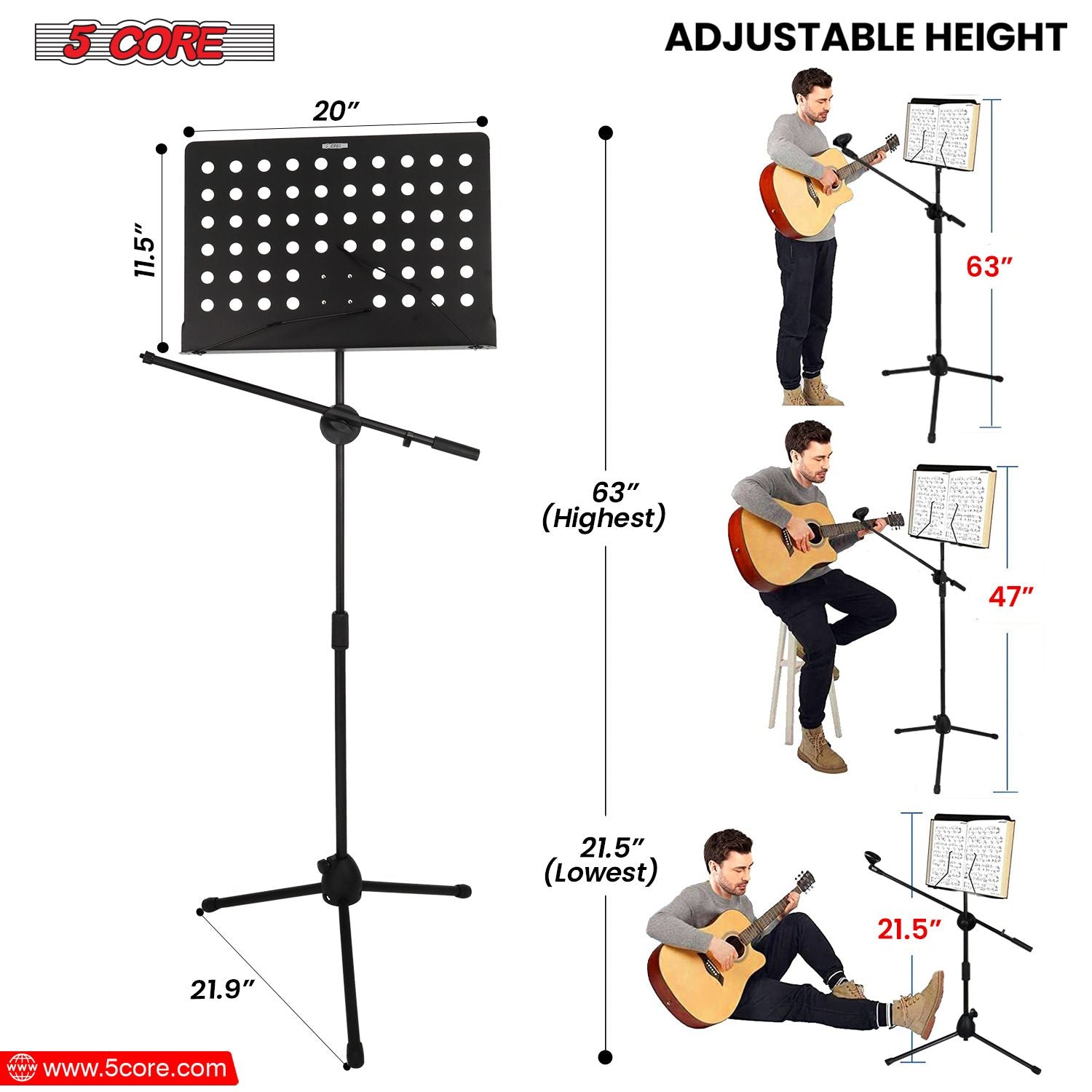 Heavy-duty black metal music stand with adjustable height and mic boom for instruments.