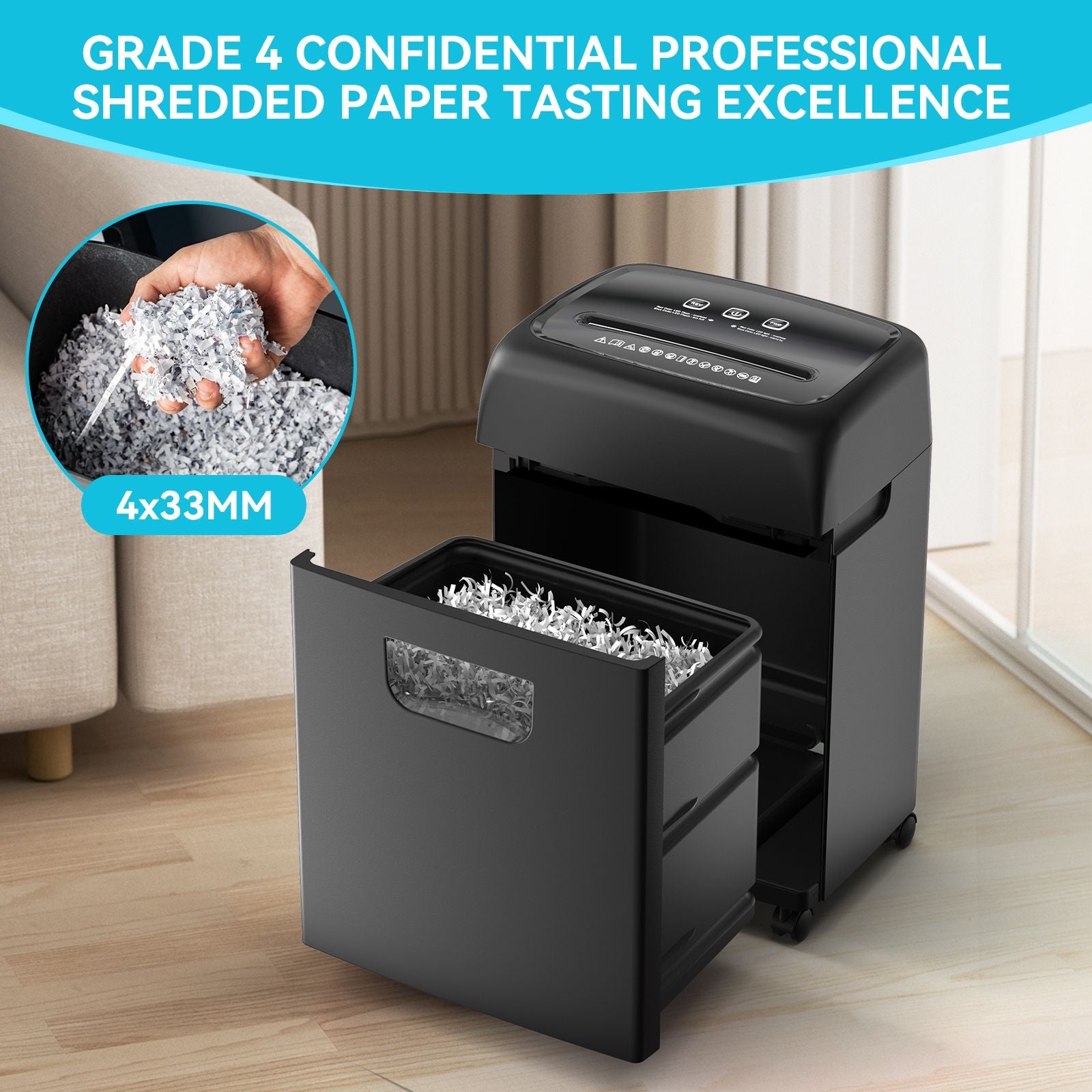 18-sheet heavy duty P-4 cross cut paper shredder in black with anti-jam features and a 5-gallon capacity.