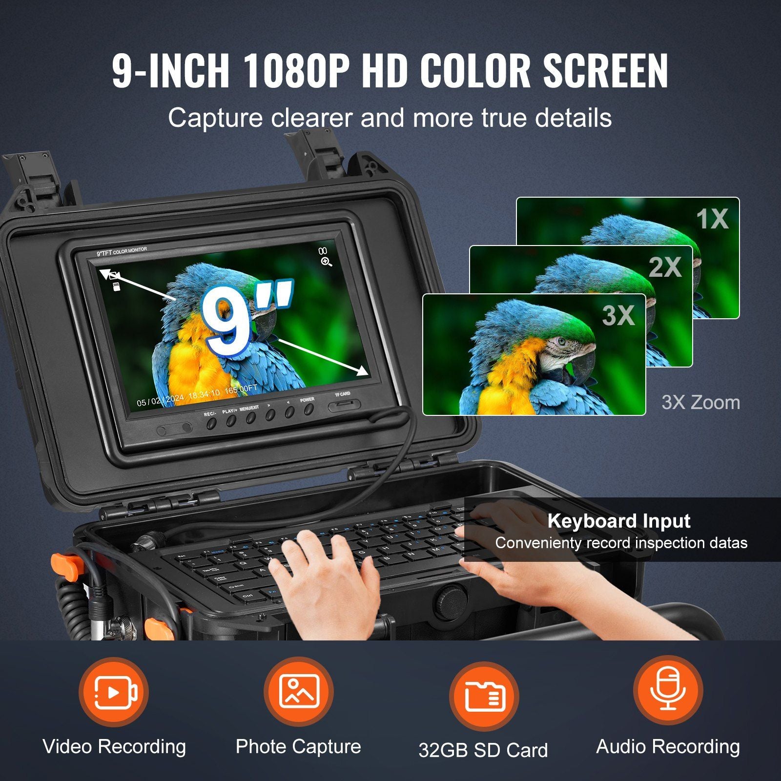 Doba 9-inch 1080P HD color screen sewer camera with 165 ft cable, featuring video recording and photo capture.