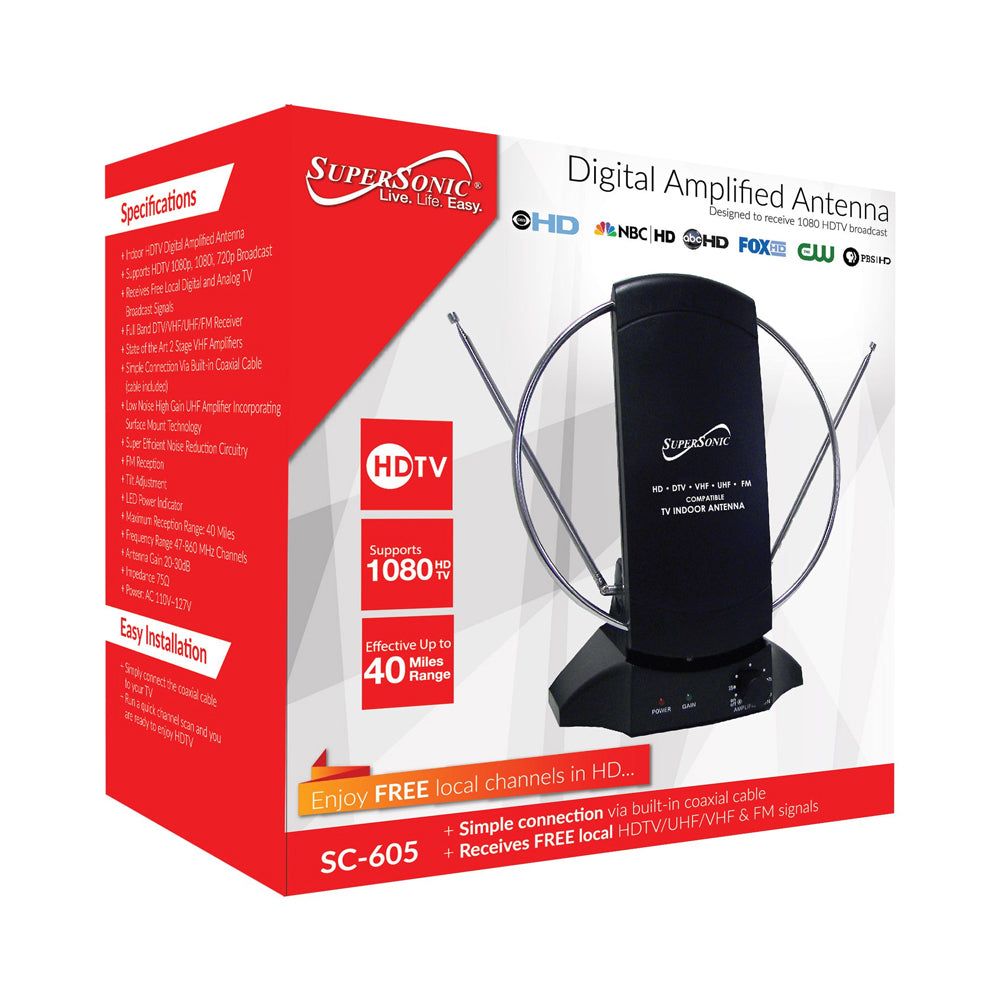 Supersonic amplified indoor TV antenna with 40-mile range, supports 1080p HD, black design.