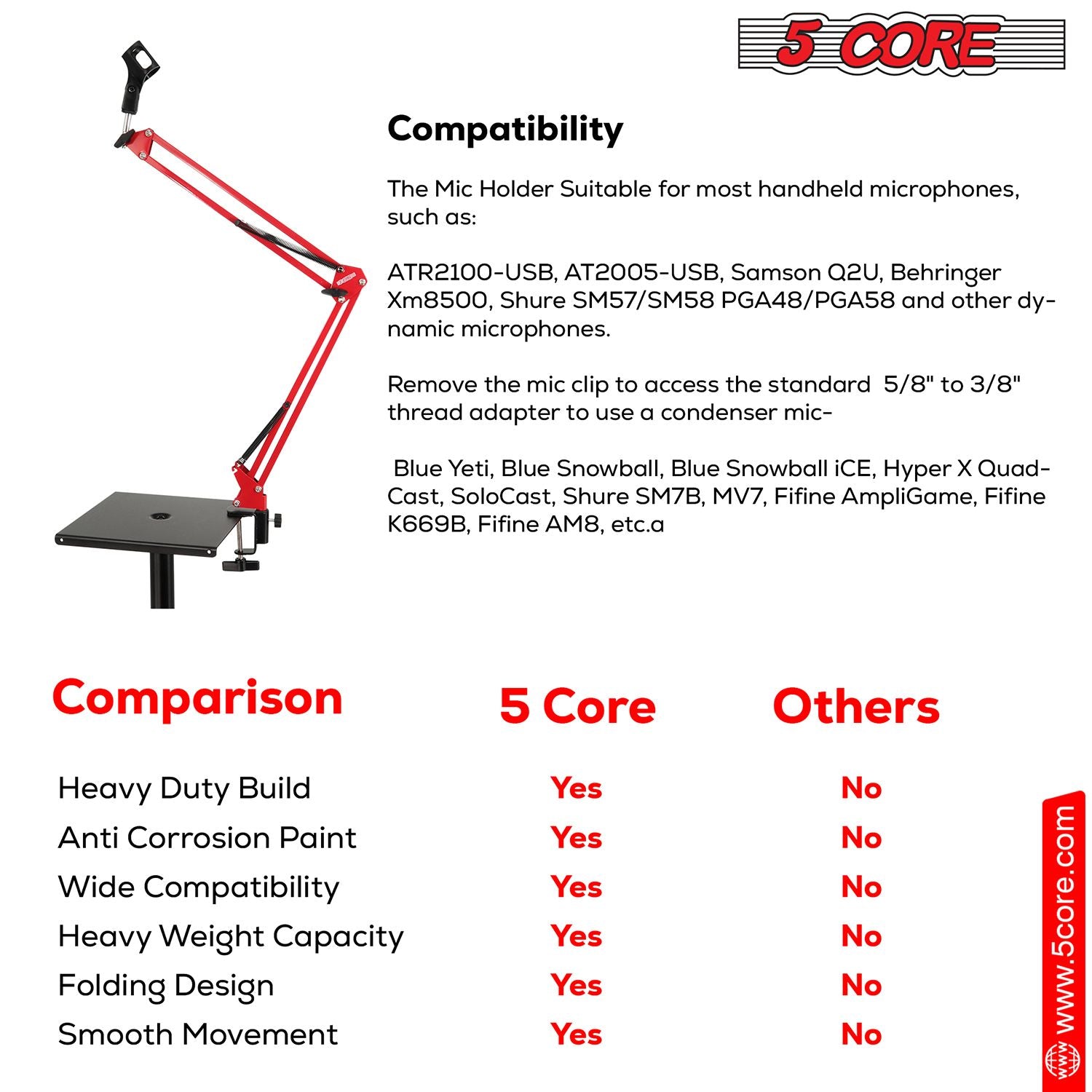 5 Core Heavy Duty Metal Microphone Boom Arm - Red Desk Mount Stand