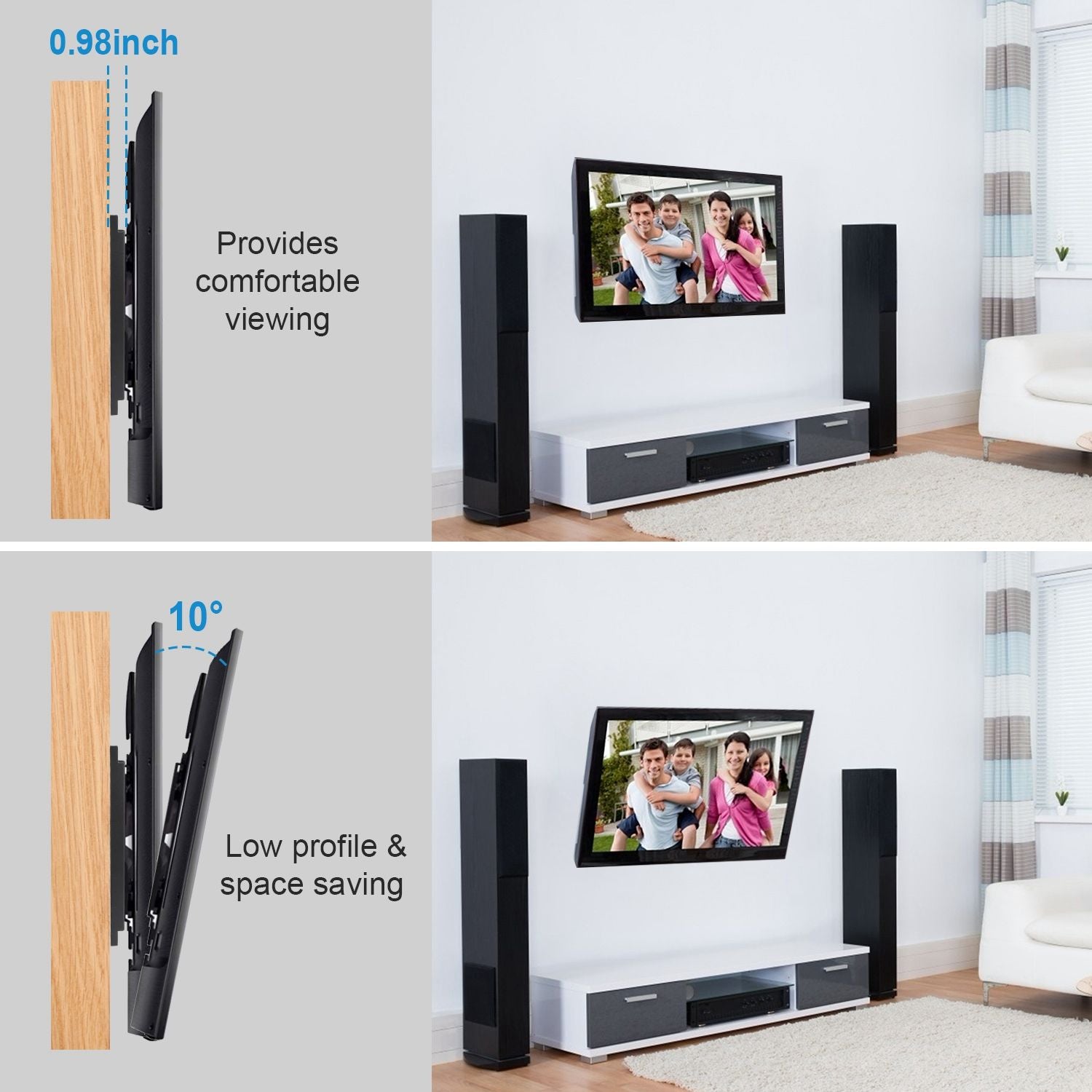 Heavy duty black steel TV wall mount bracket for 32-55" TVs, features 10-degree tilt and low profile design.
