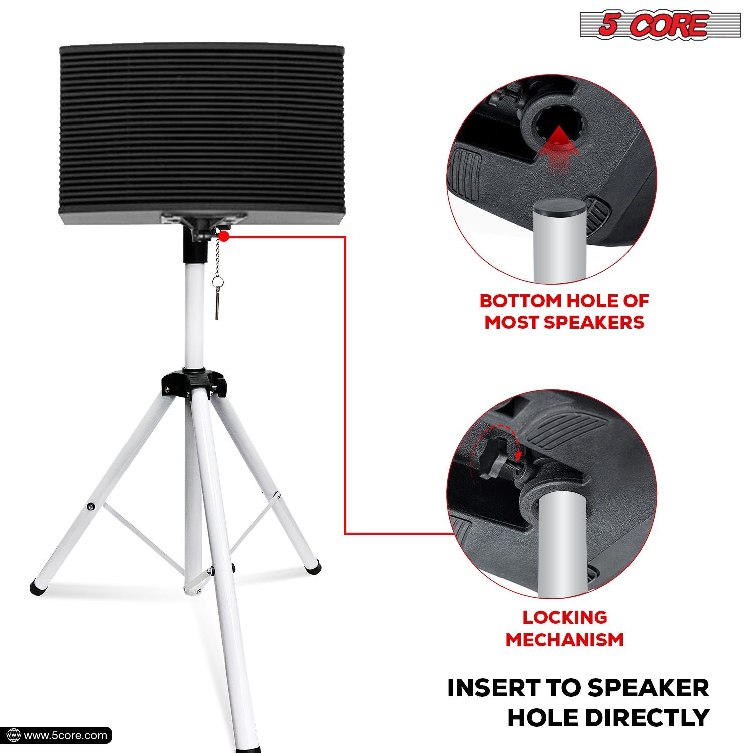 5 Core heavy-duty steel speaker stand tripod, adjustable from 40-72 inches, featuring a locking mechanism and anti-slip desi