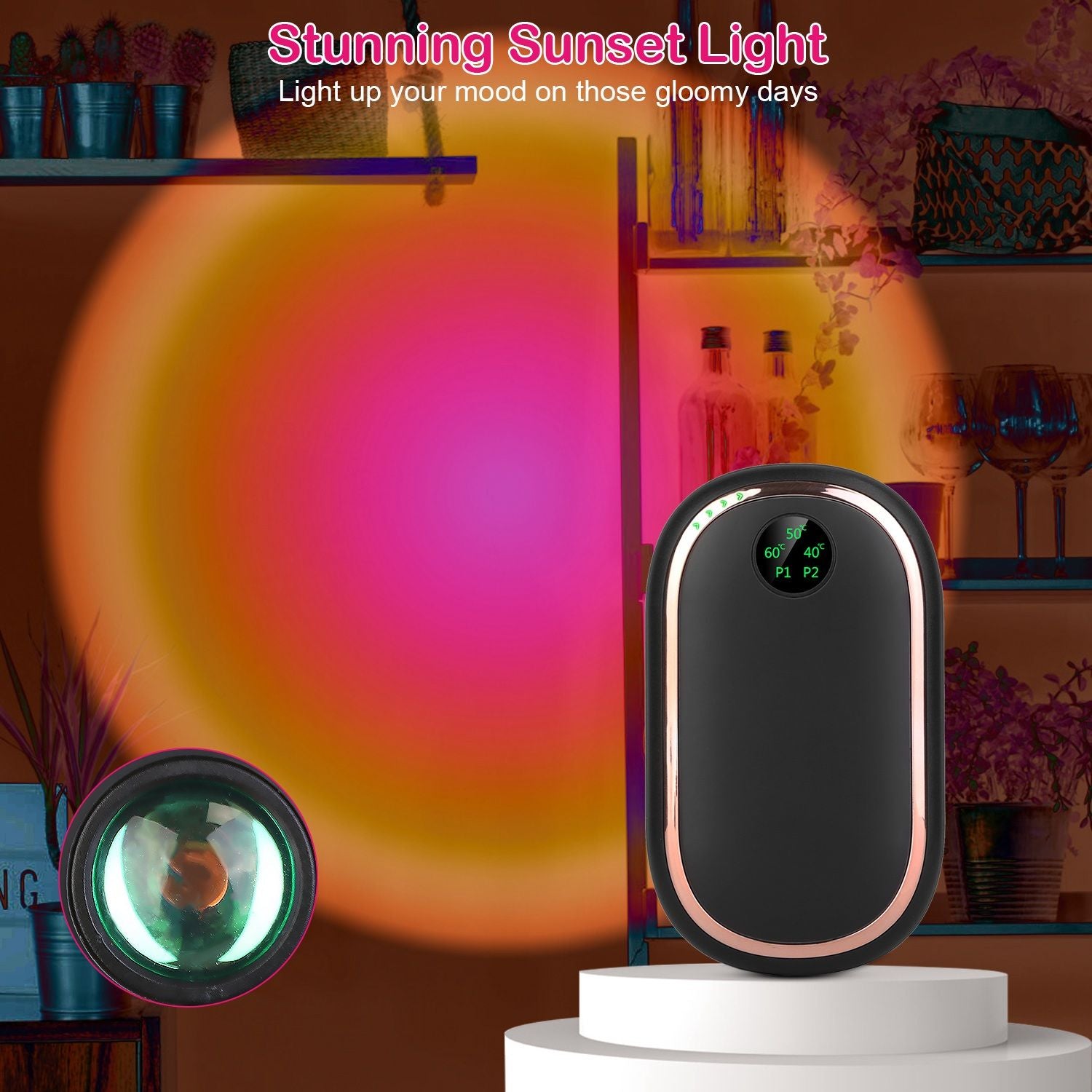 Calentador eléctrico de mano de mano de mano recargable a mano portátil de bolsillo reutilizable Banco de energía calentador con pantalla digital luz puesta de sol 3 niveles calefacción de doble cara