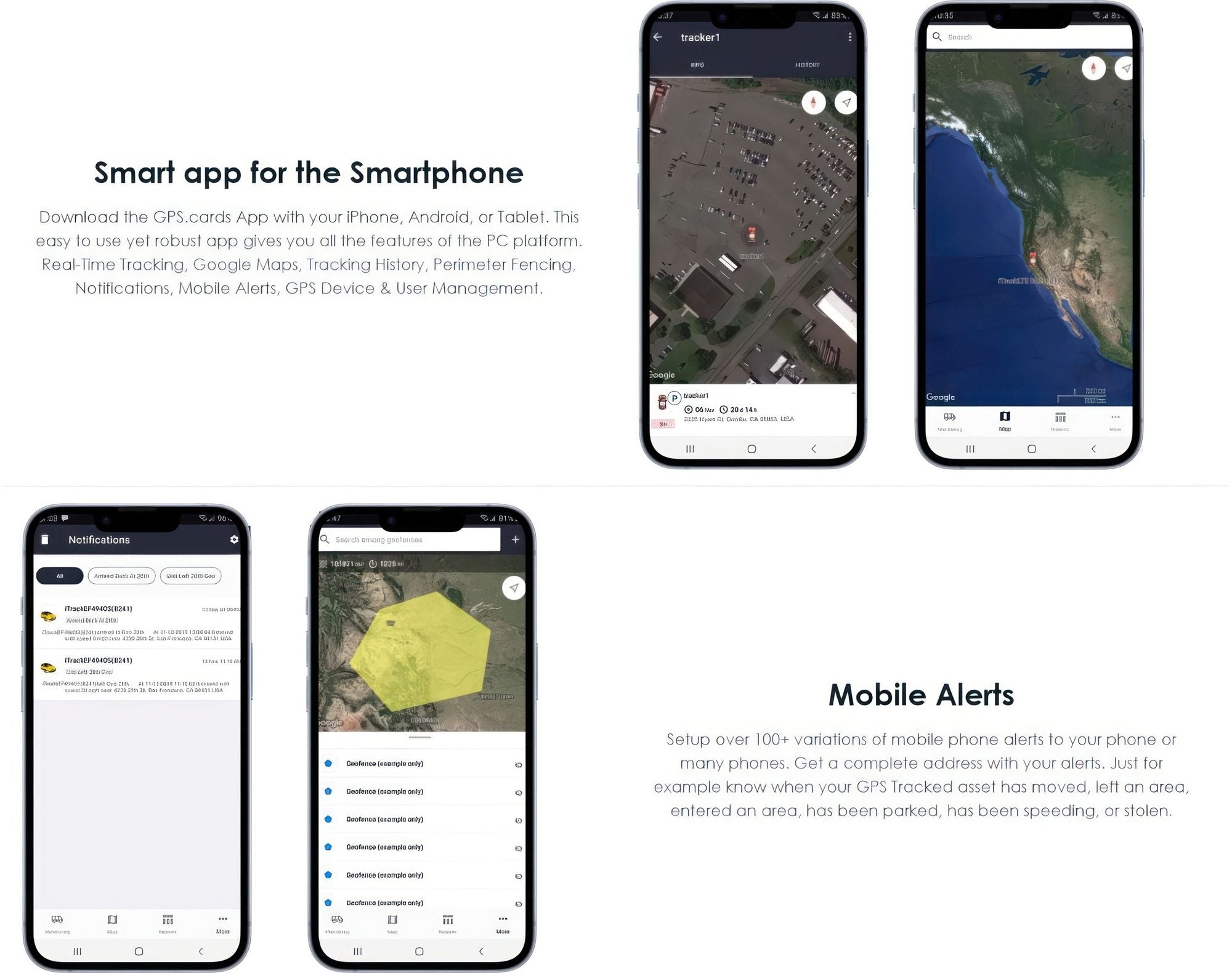 Smartphone app interface for GPS tracking with real-time location, mobile alerts, and customizable settings.