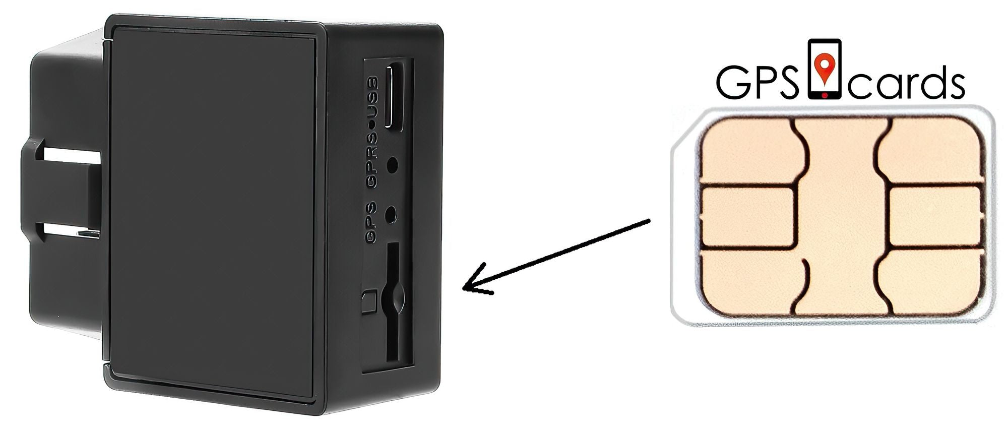 Doba GPS tracker SIM card for real-time tracking, compact black design with USB port and SIM slot.