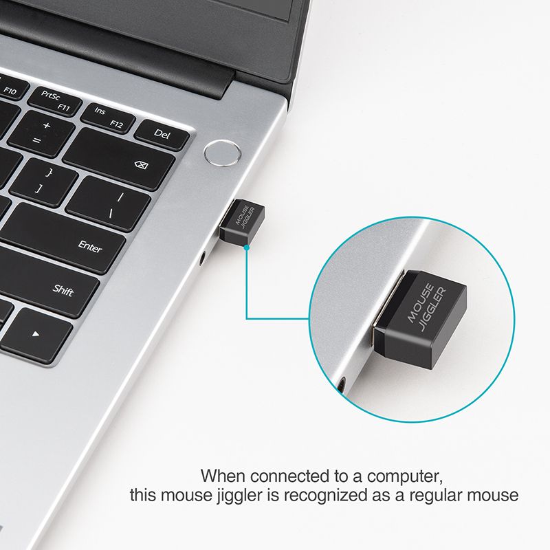 Black USB mouse jiggler by Doba, designed to prevent sleep mode with plug-and-play functionality.