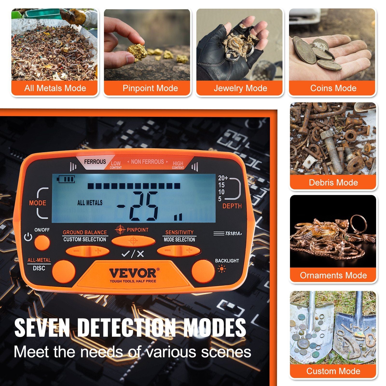 VEVOR metal detector with 10" waterproof coil, adjustable aluminum stem, and LCD display featuring seven detection modes.