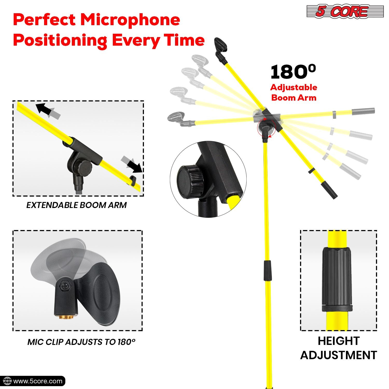 Adjustable 18-72" yellow metal tripod boom mic stand by Doba with extendable arm and 180° mic clip.