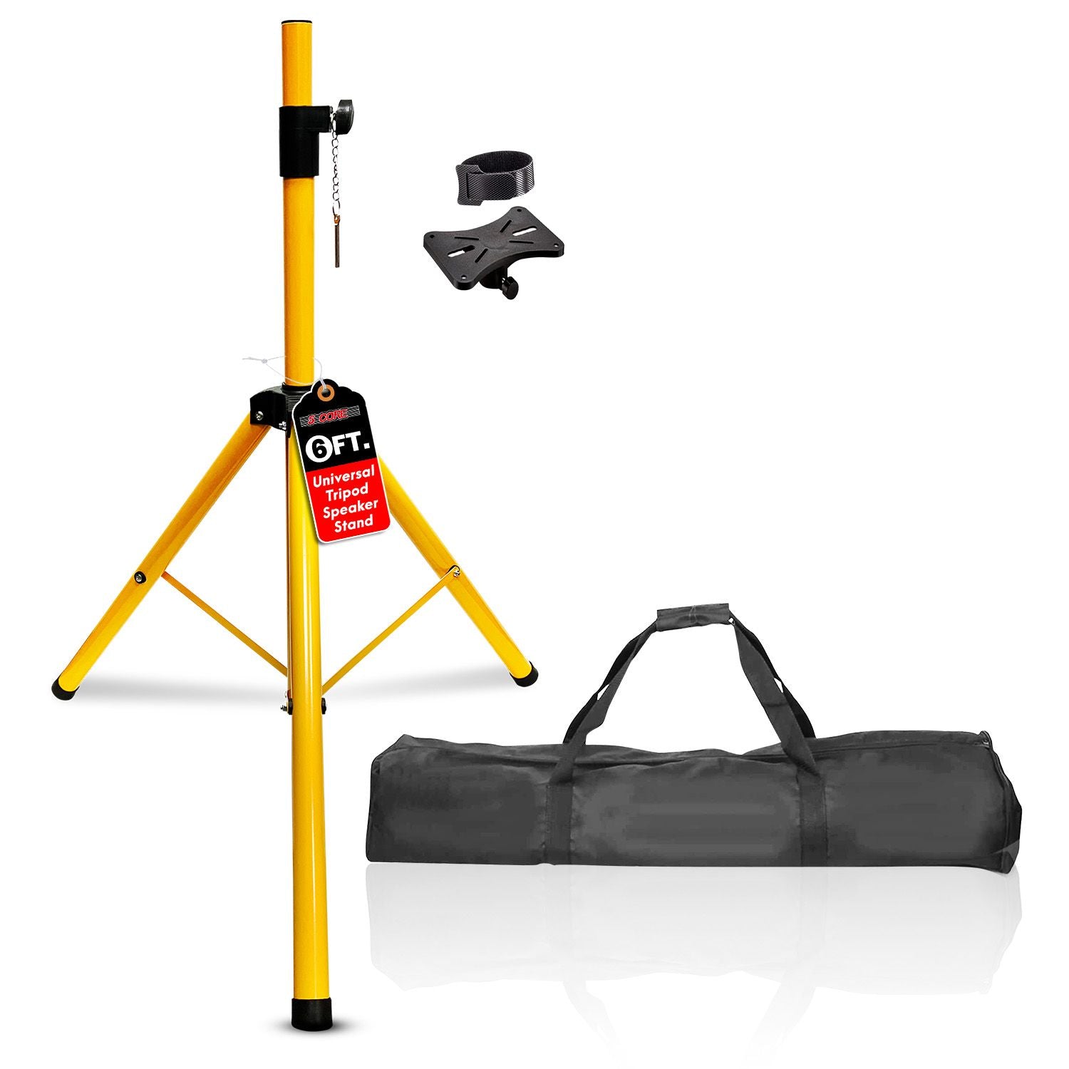 Heavy duty yellow steel tripod speaker stand, adjustable from 40-72", 132 lb capacity, includes carrying bag.