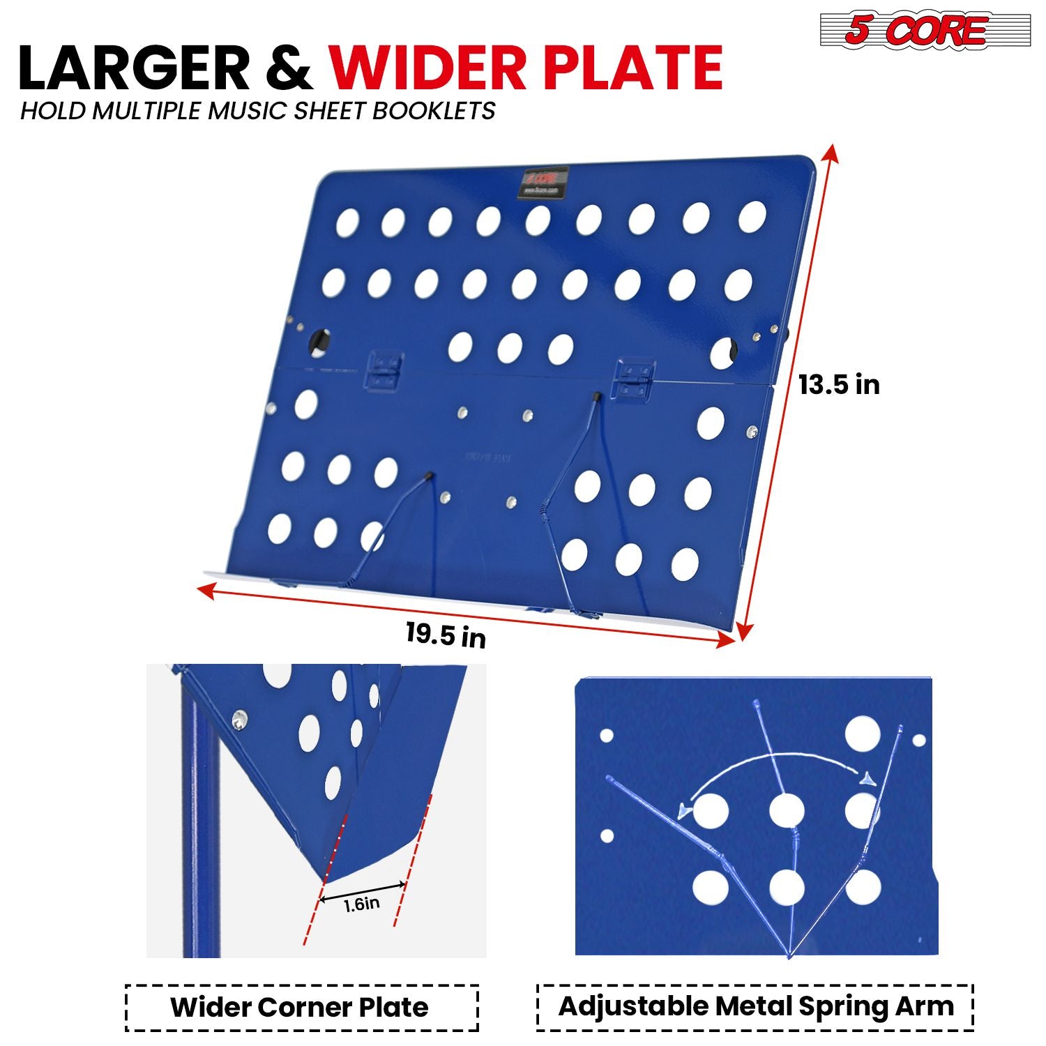 Adjustable blue iron music stand with large perforated plate for holding multiple sheet booklets.