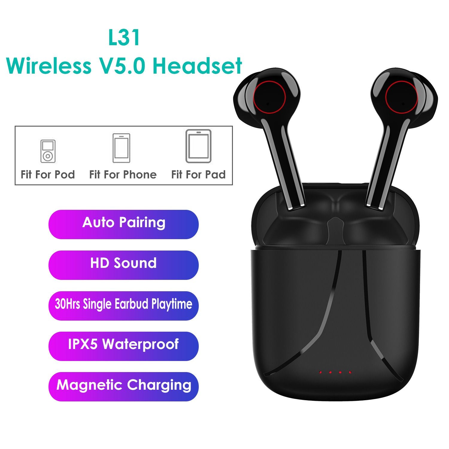 IPX5 Waterproof Wireless 5.0 TWS Earbuds with Charging Case