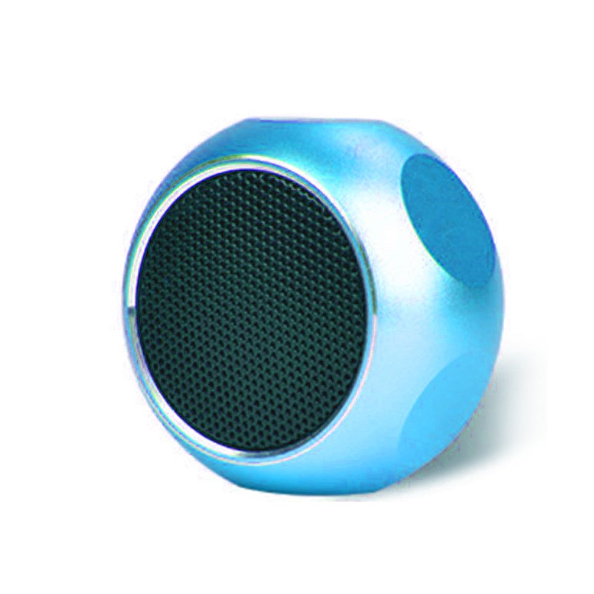 Ocean blue mini Bluetooth speaker with a sleek design and textured speaker grille, portable and wireless.
