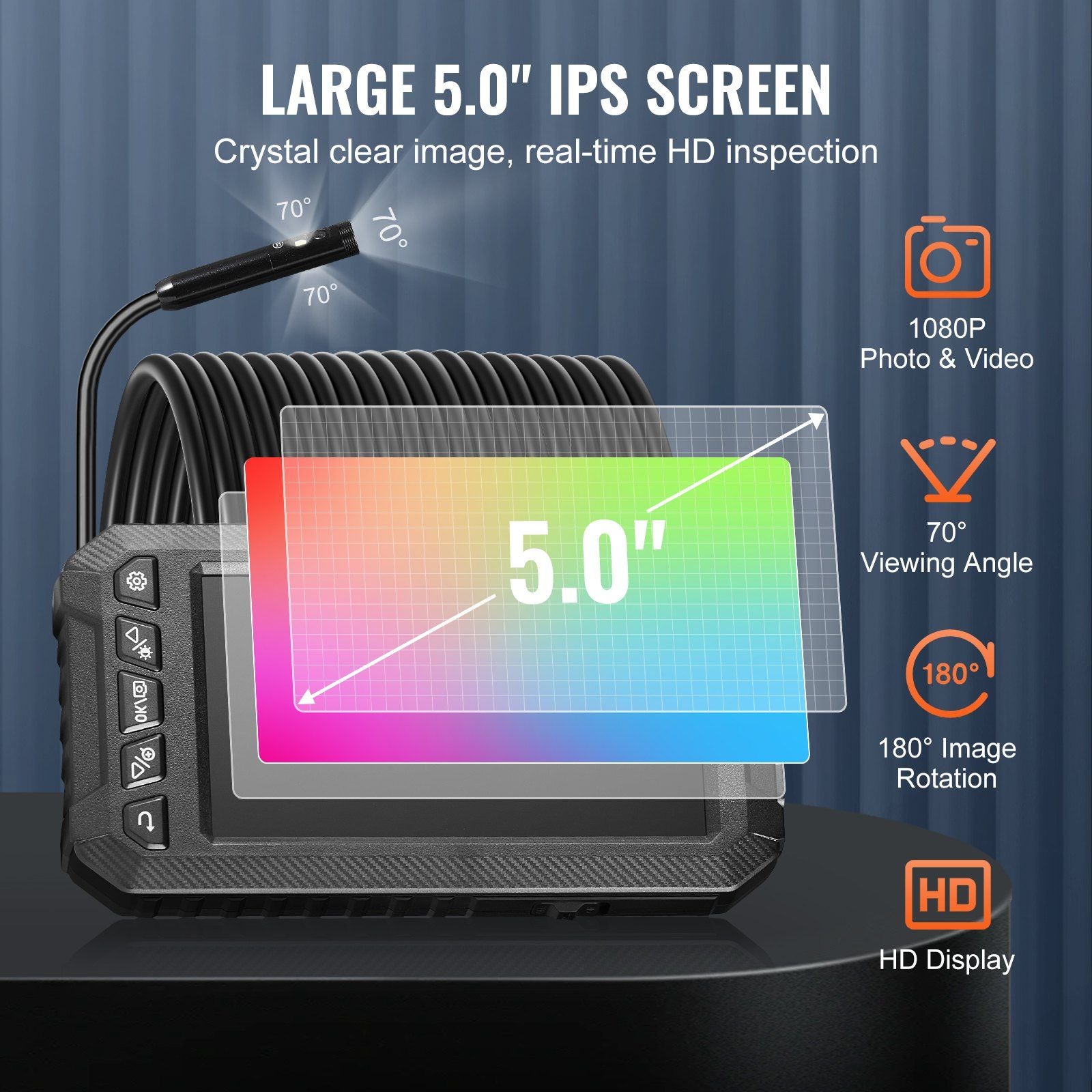 VEVOR endoscope camera with triple lenses, 49.2FT cable, 5-inch IPS screen for HD inspection