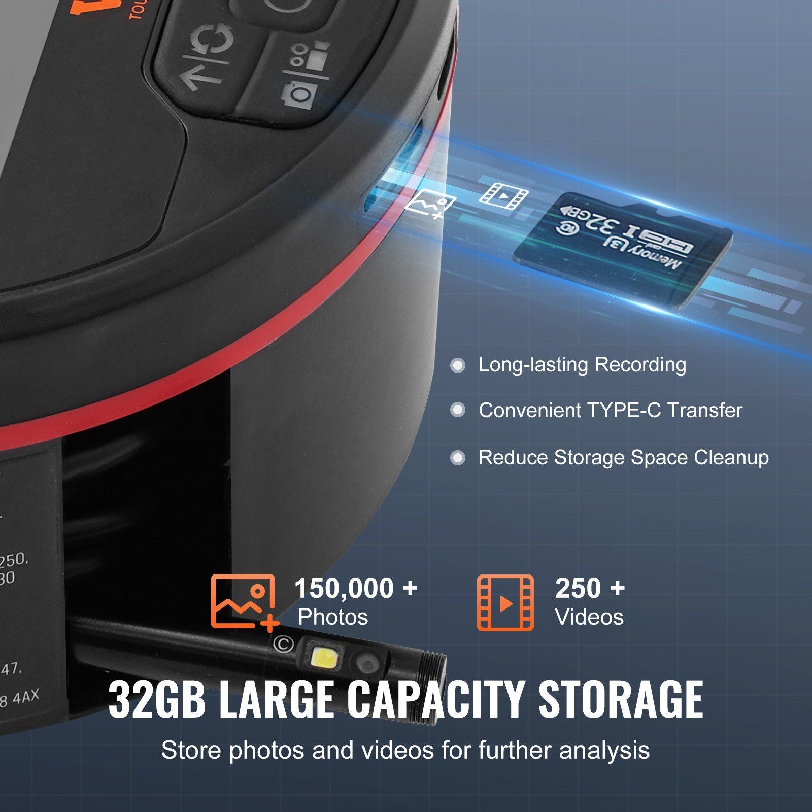 VEVOR Borescope triple lens endoscope camera with 4.3-inch IPS screen, 8 + 2 lights, 32GB storage capacity.