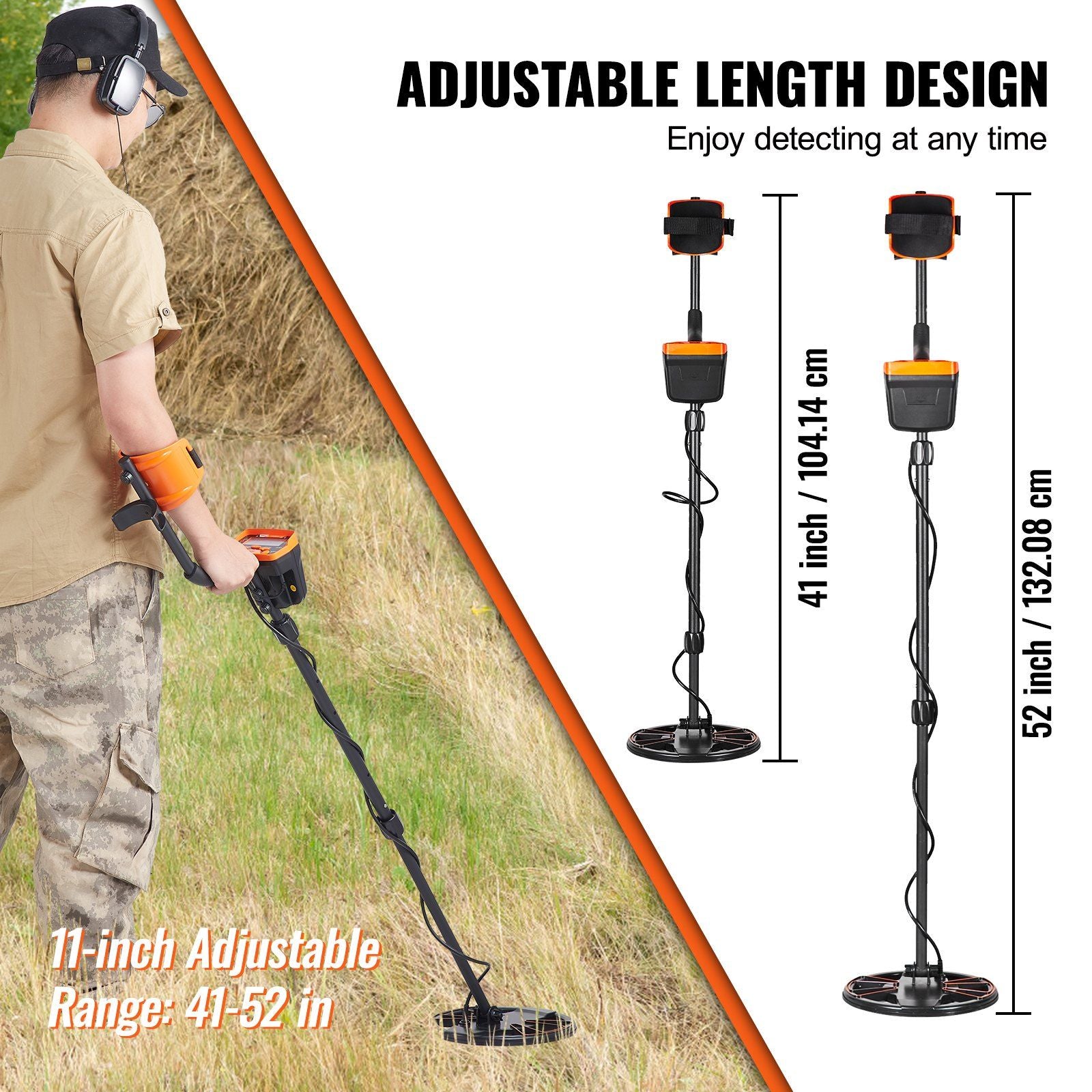 VEVOR metal detector with 10-inch waterproof search coil, adjustable 41''-52'' aluminum stem, and LCD display.