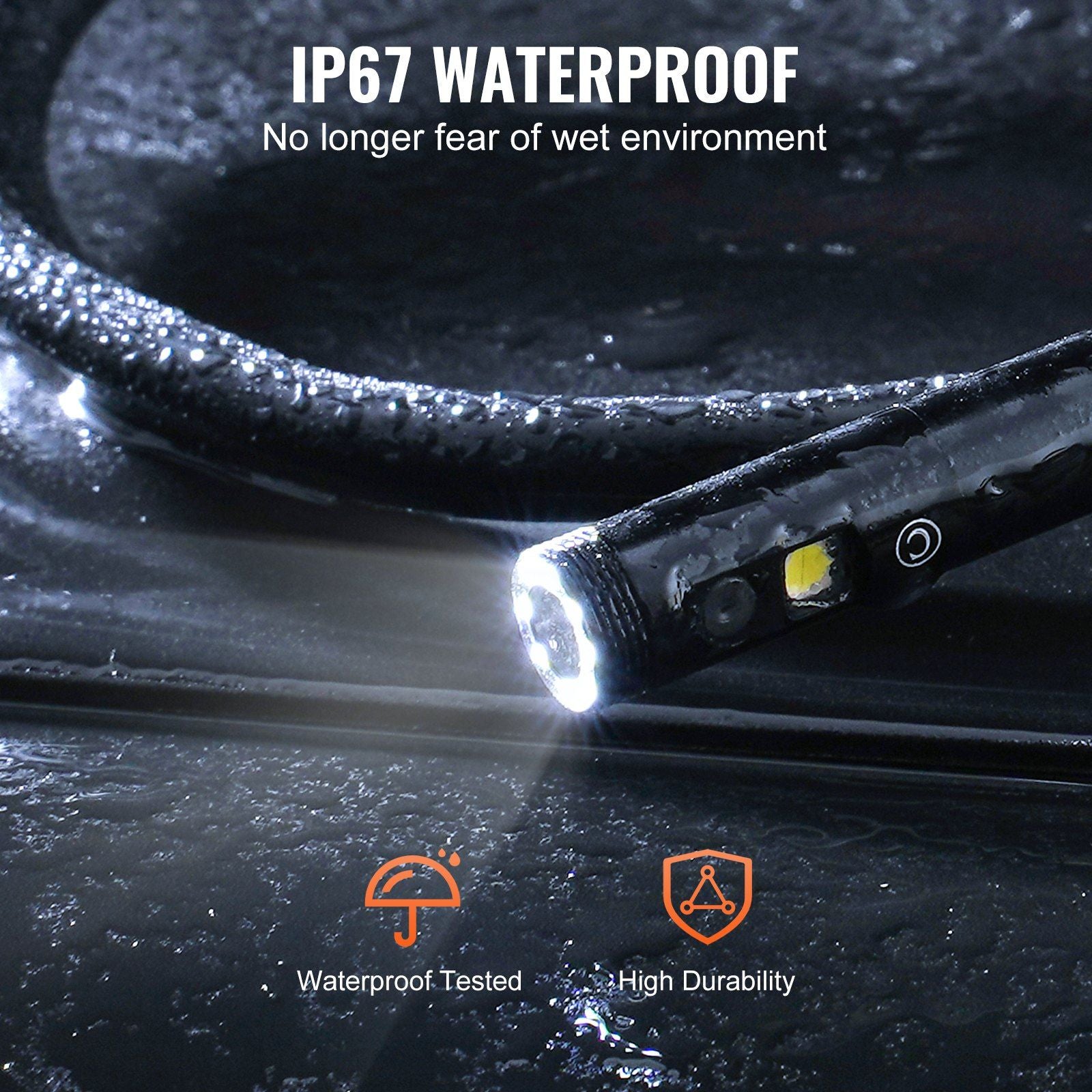 VEVOR dual lens endoscope camera with 16.4FT cable and flashlight, IP67 waterproof design for versatile inspection.