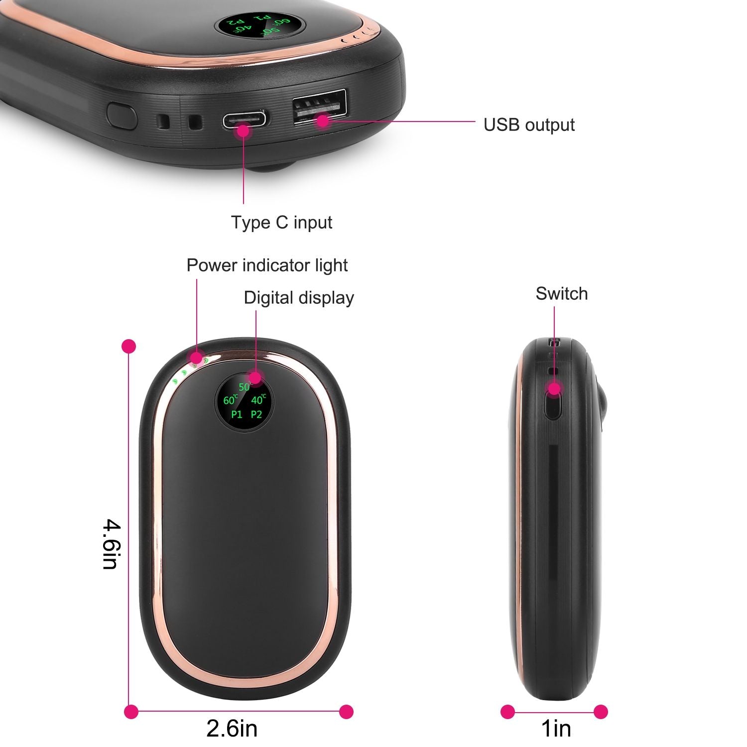 Calentador eléctrico de mano de mano de mano recargable a mano portátil de bolsillo reutilizable Banco de energía calentador con pantalla digital luz puesta de sol 3 niveles calefacción de doble cara