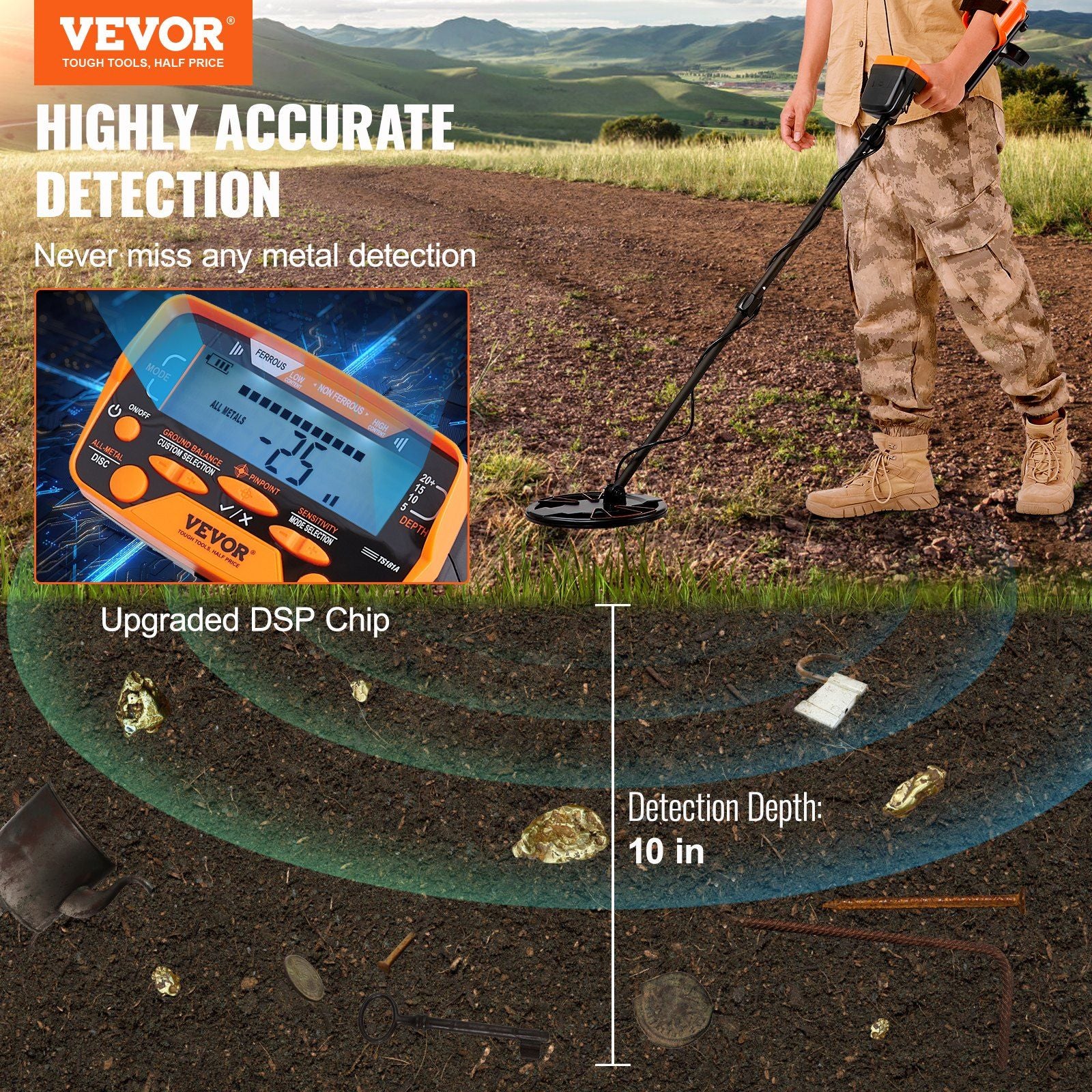 VEVOR metal detector with 10-inch waterproof coil, LCD display, adjustable aluminum stem, and DSP chip for accurate 10" dete