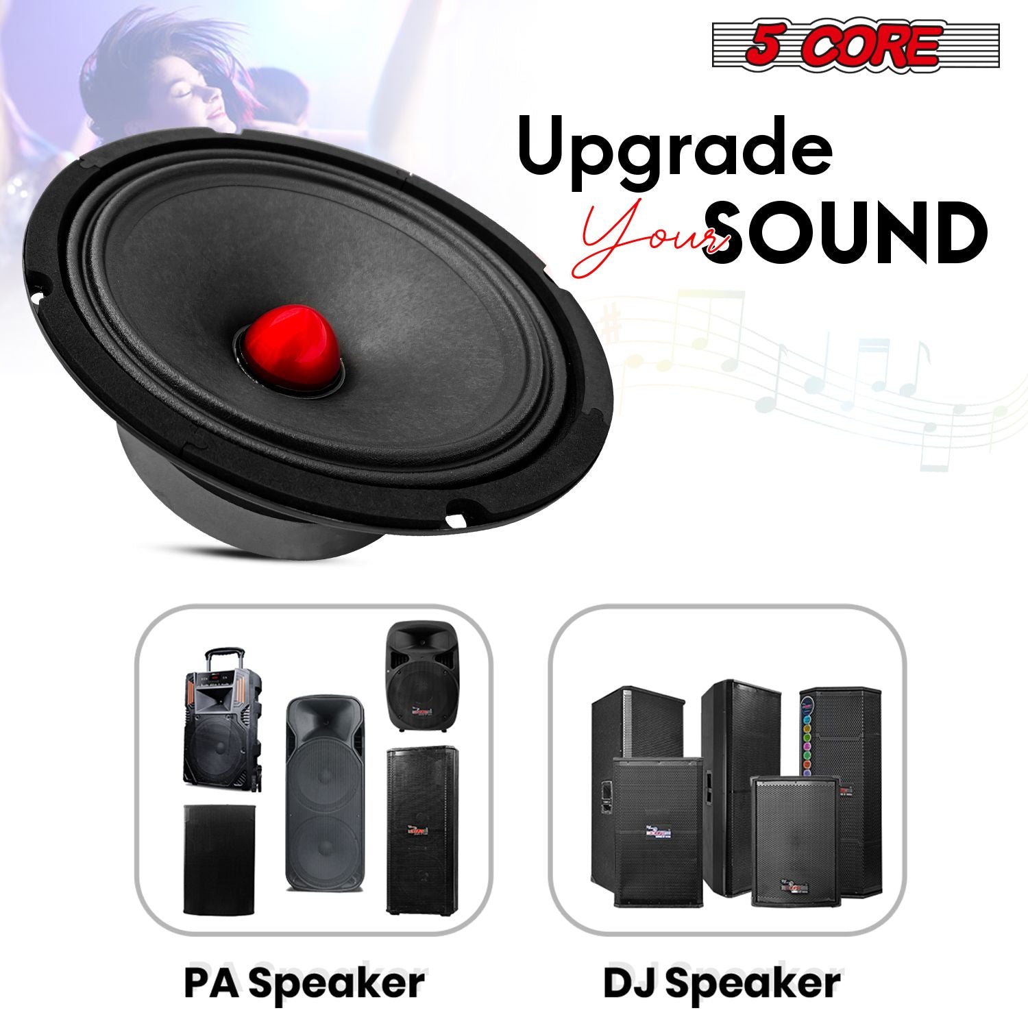 5 CORE 8 Inch Mid Range Bullet Pro Audio Car Speaker Red Aluminium Bullet Loudspeaker 500W Max 8 Ohms - Premium Quality Audio Door Speakers for Car or Truck Stereo Sound System MR 8 BLT 8oHM