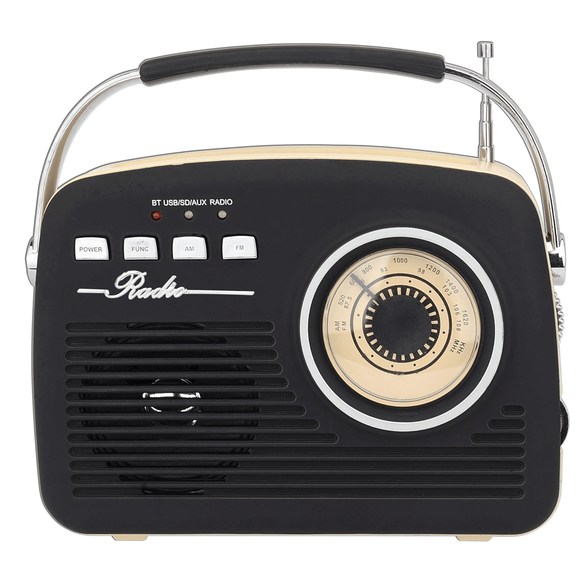 Supersonic Bluetooth retro speaker in black, featuring a rechargeable battery and vintage design with radio tuning dial.