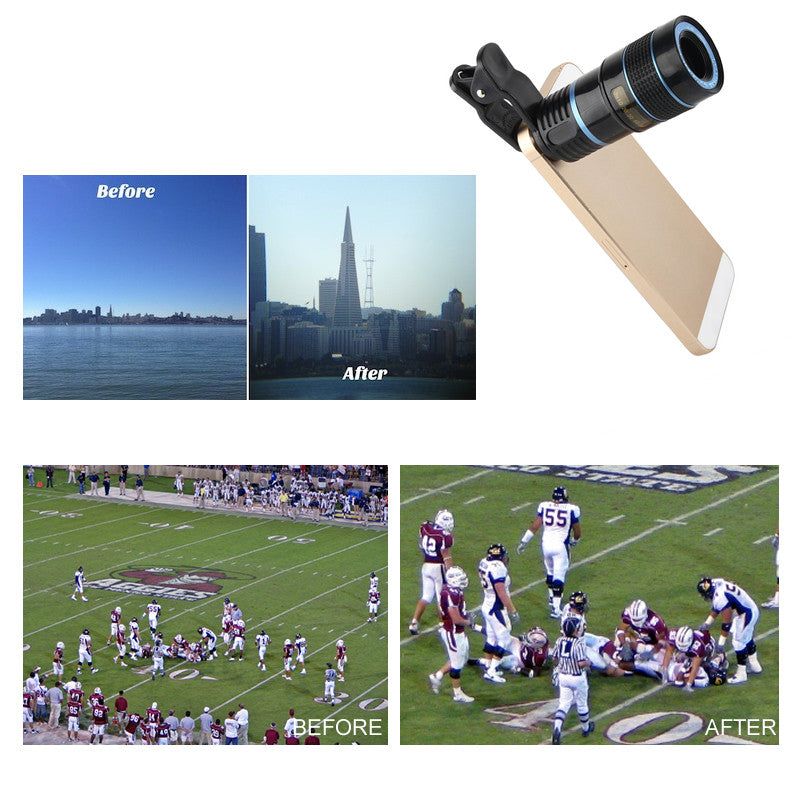 8X telephoto zoom lens for smartphones in black with universal clip for enhanced mobile photography.