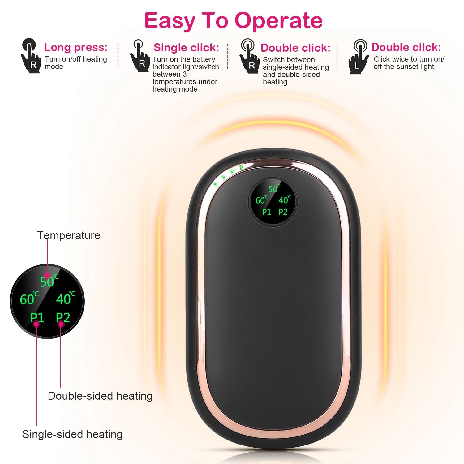 Calentador eléctrico de mano de mano de mano recargable a mano portátil de bolsillo reutilizable Banco de energía calentador con pantalla digital luz puesta de sol 3 niveles calefacción de doble cara