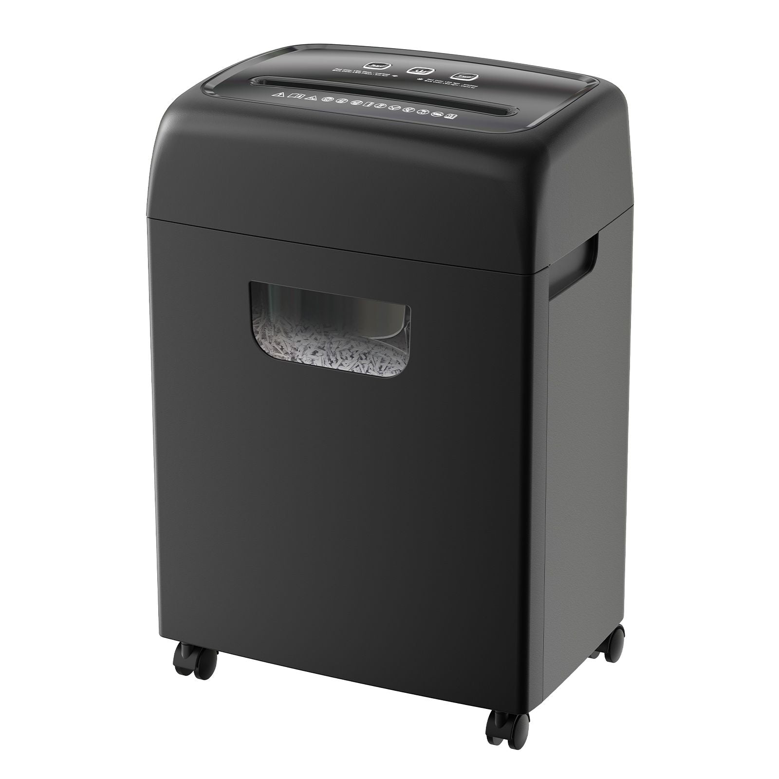 18-sheet heavy duty P-4 security cross cut paper shredder in black with anti-jam feature and 5-gallon waste capacity.