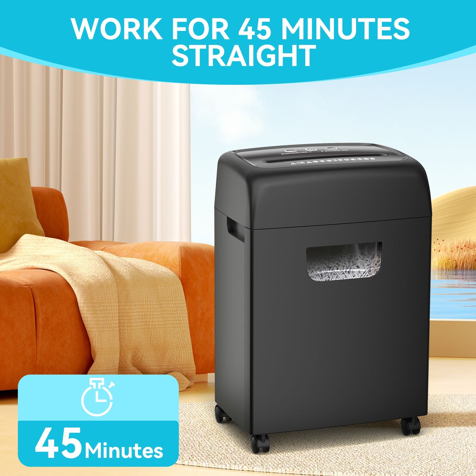 18-sheet heavy duty black cross cut paper shredder with anti-jam feature and 5-gallon capacity.