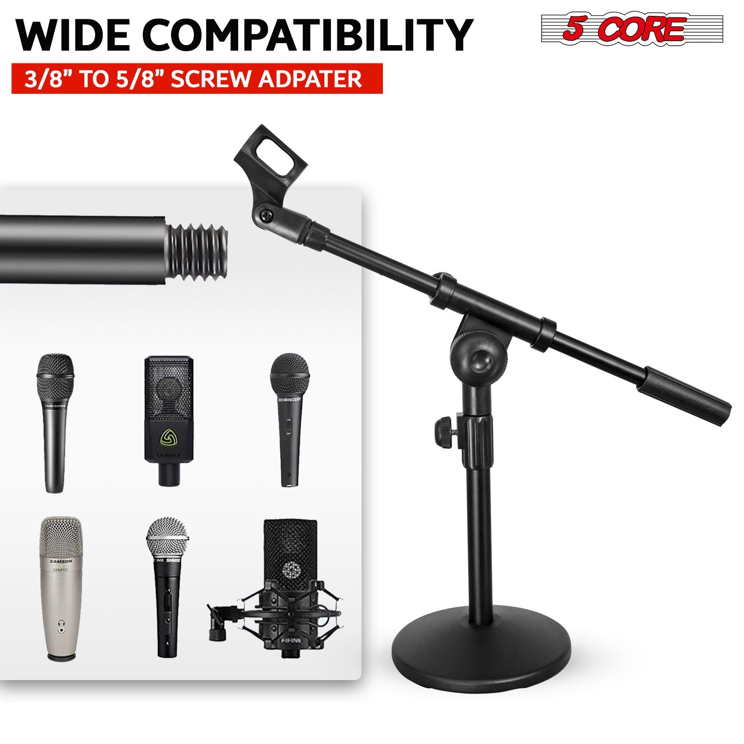 Black adjustable boom arm microphone stand with anti-slip base and 3/8" to 5/8" screw adapter by Doba.
