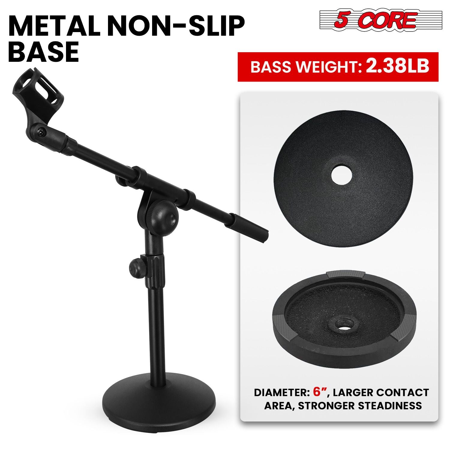 Black adjustable desktop microphone stand with anti-slip metal base by Doba.
