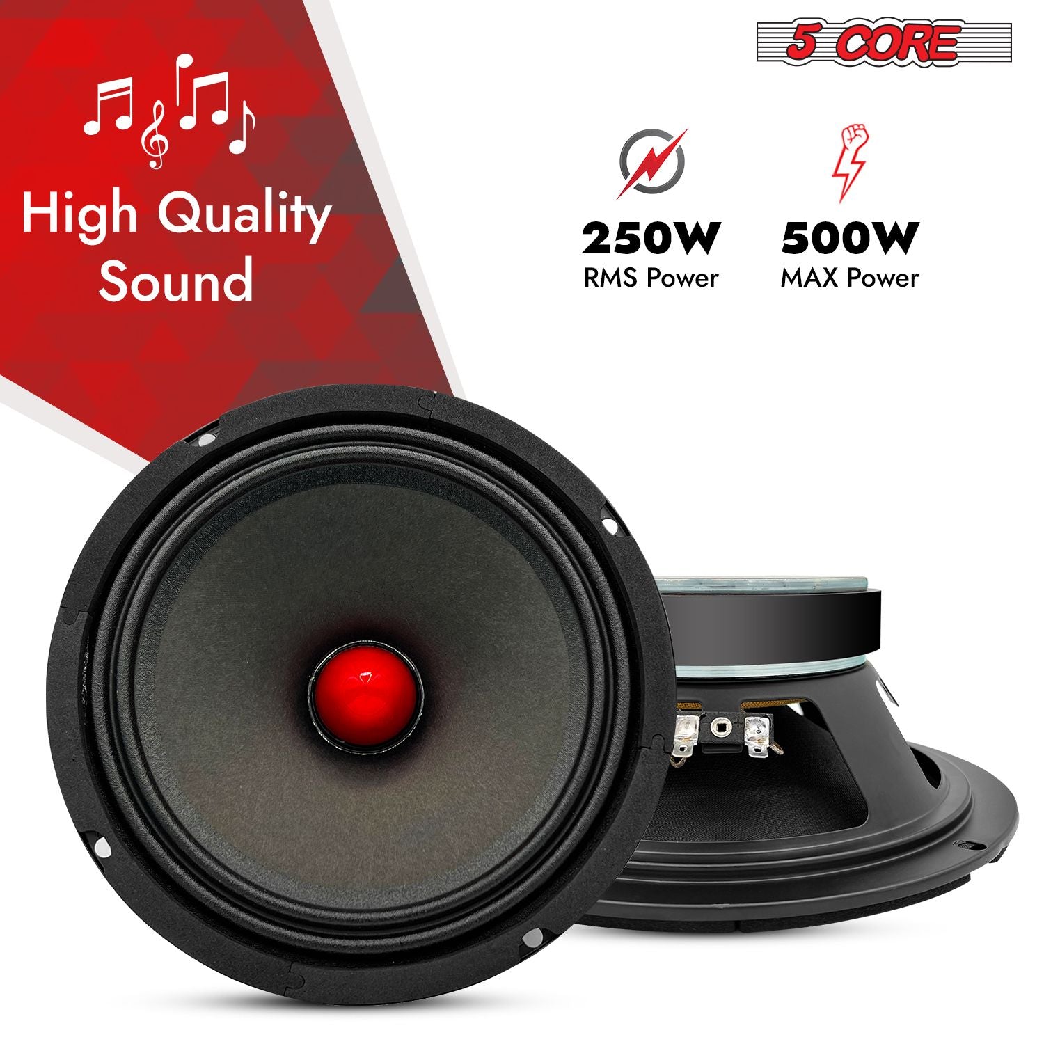 5 CORE 8 Inch Mid Range Bullet Pro Audio Car Speaker Red Aluminium Bullet Loudspeaker 500W Max 8 Ohms - Premium Quality Audio Door Speakers for Car or Truck Stereo Sound System MR 8 BLT 8oHM
