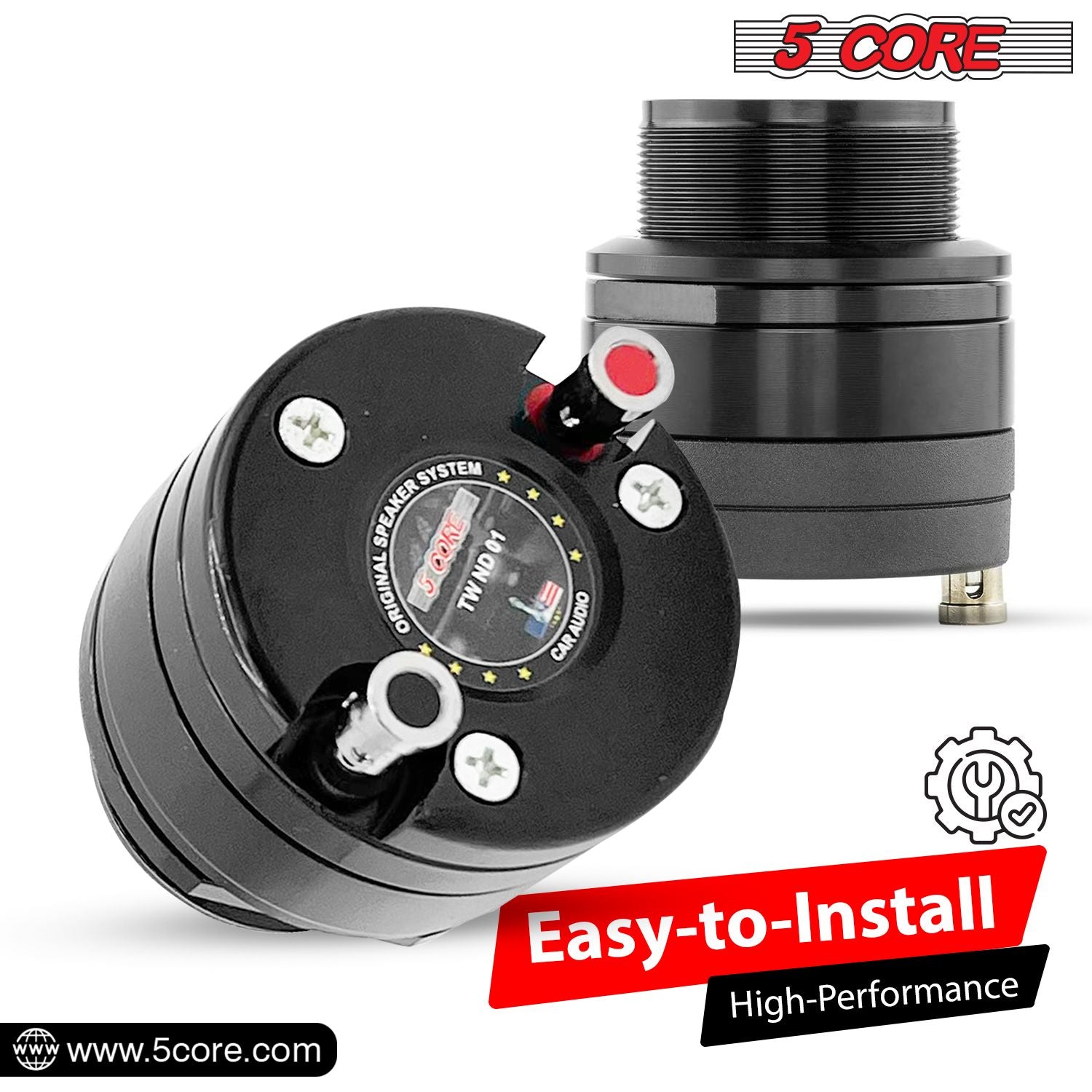 5 Core 1" titanium bullet tweeter with 200W power, 4 Ohm impedance, and easy-to-install design, featuring a sleek black fini
