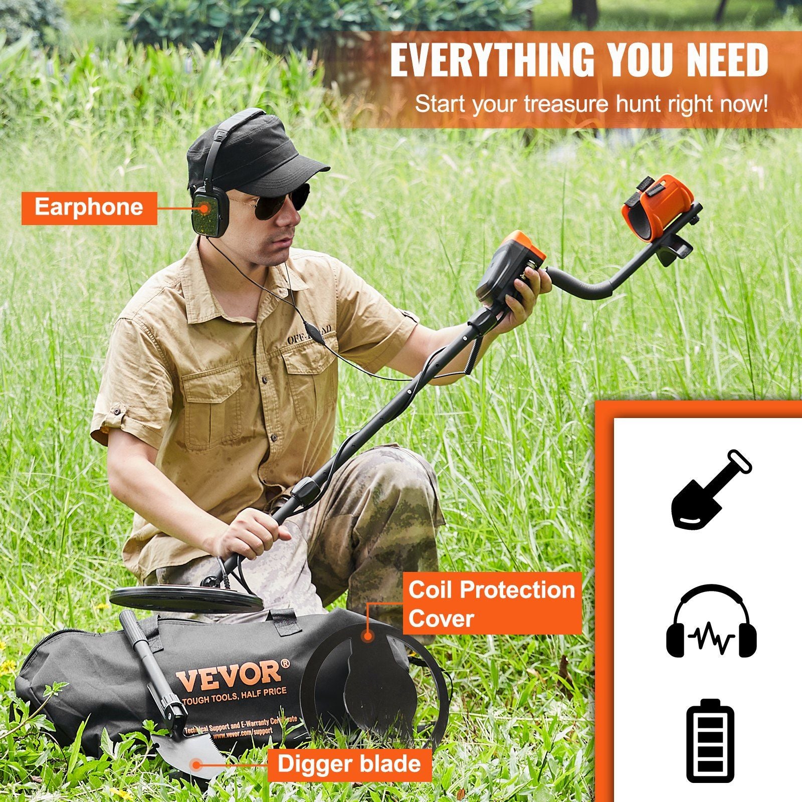 VEVOR metal detector with 10-inch waterproof coil, adjustable aluminum stem, earphones, and digger blade in outdoor setting.