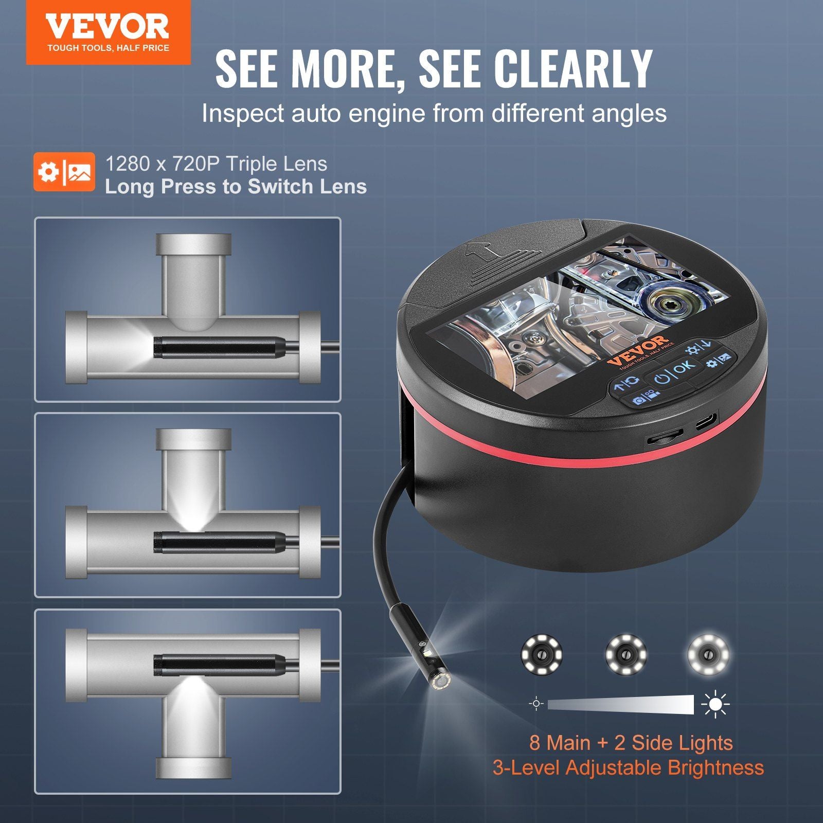 VEVOR borescope endoscope camera with 4.3-inch IPS screen, triple lens, and 8 main + 2 side lights for inspection.