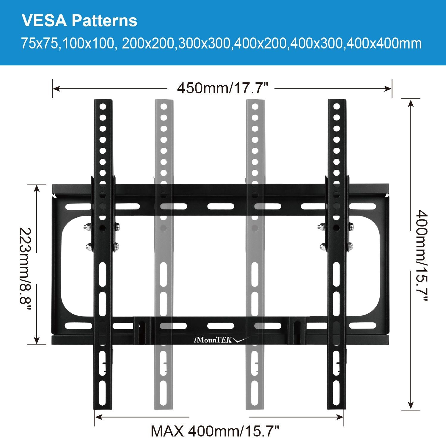 Heavy-duty black steel TV wall mount bracket for 32-55" TVs, supports VESA 400x400, 88lb capacity, 10-degree tilt.