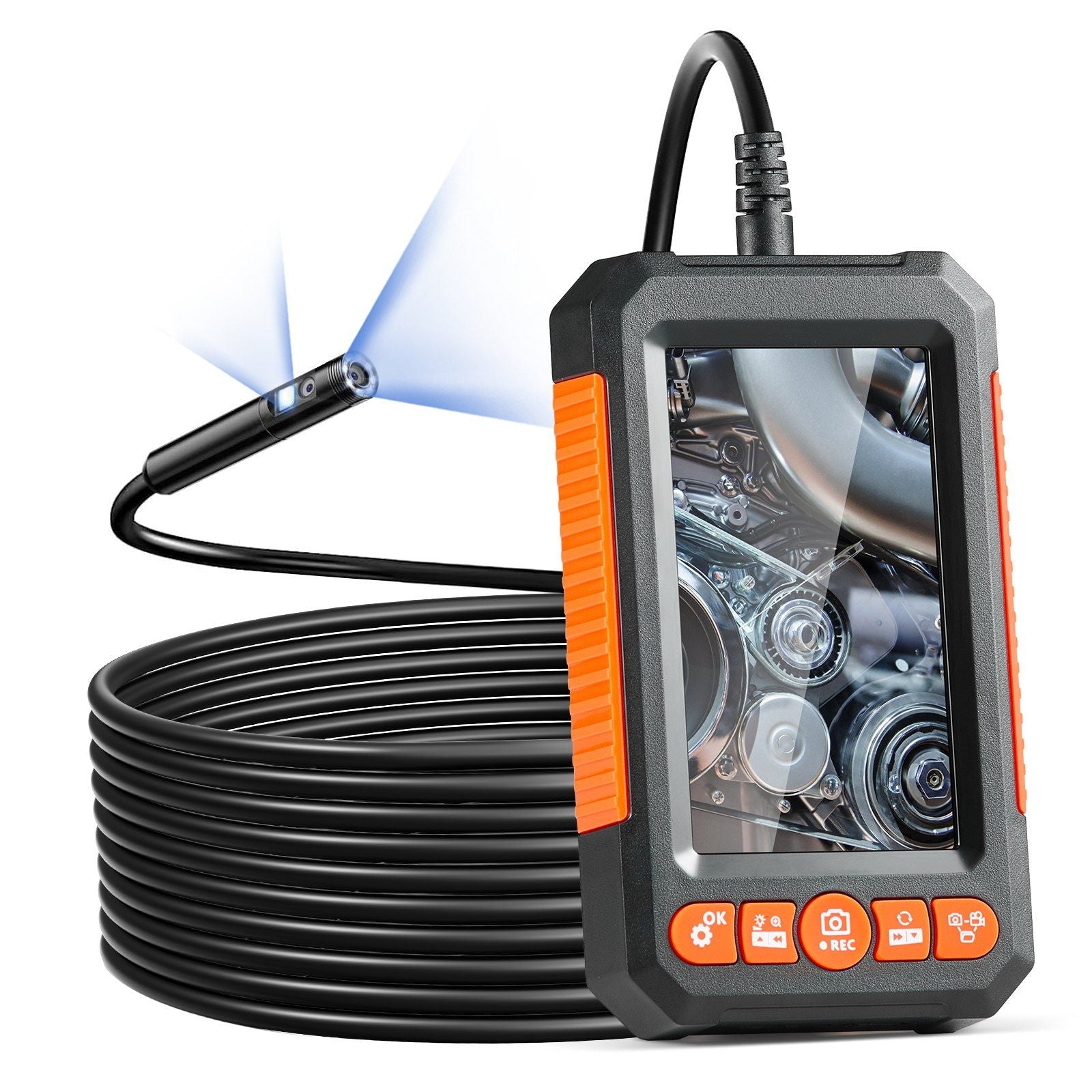Kamera Endoskop Vevor dengan Lampu Lensa Ganda Lensa Borescope 16.4ft Kabel 4.3 "Layar